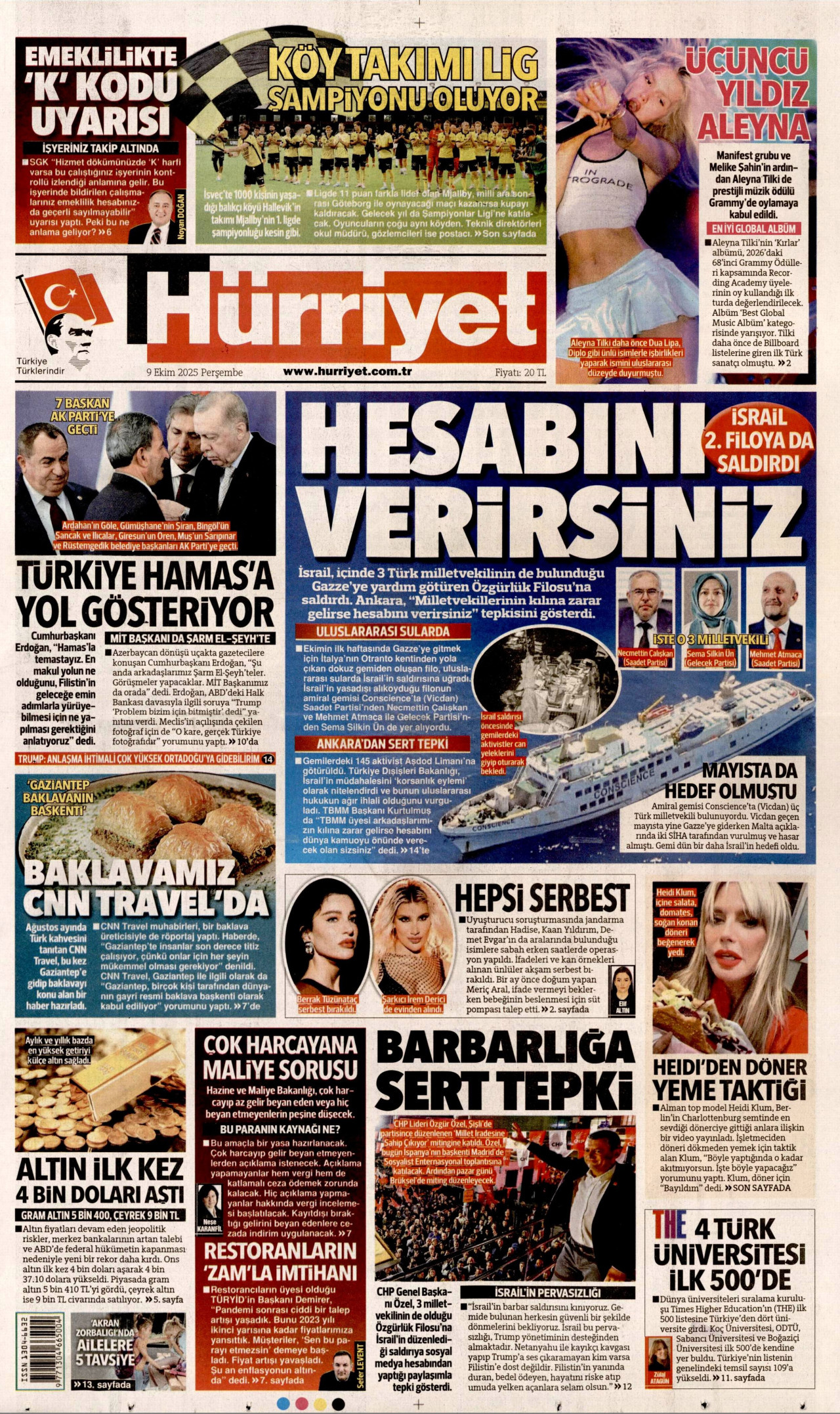 HÜRRİYET gazetesinin 9 Ekim 2025 tarihli birinci sayfası