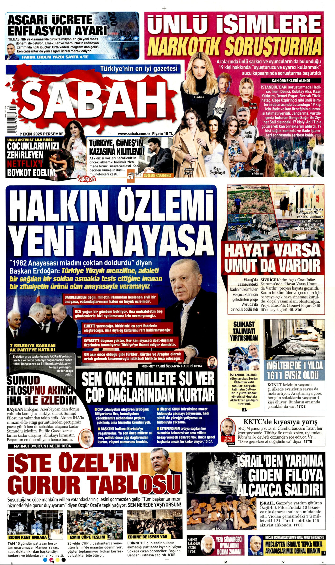 SABAH gazetesinin 9 Ekim 2025 tarihli birinci sayfası