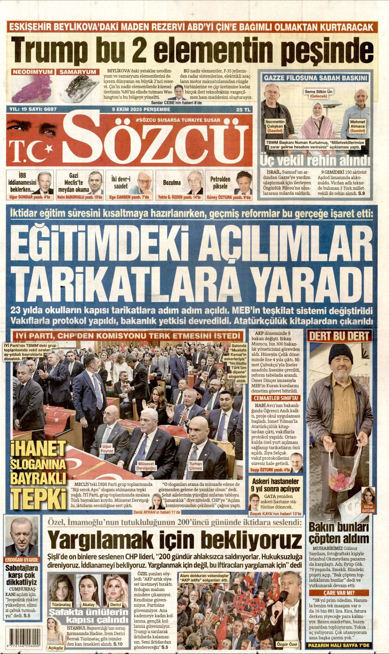 SÖZCÜ gazetesinin 9 Ekim 2025 tarihli birinci sayfası