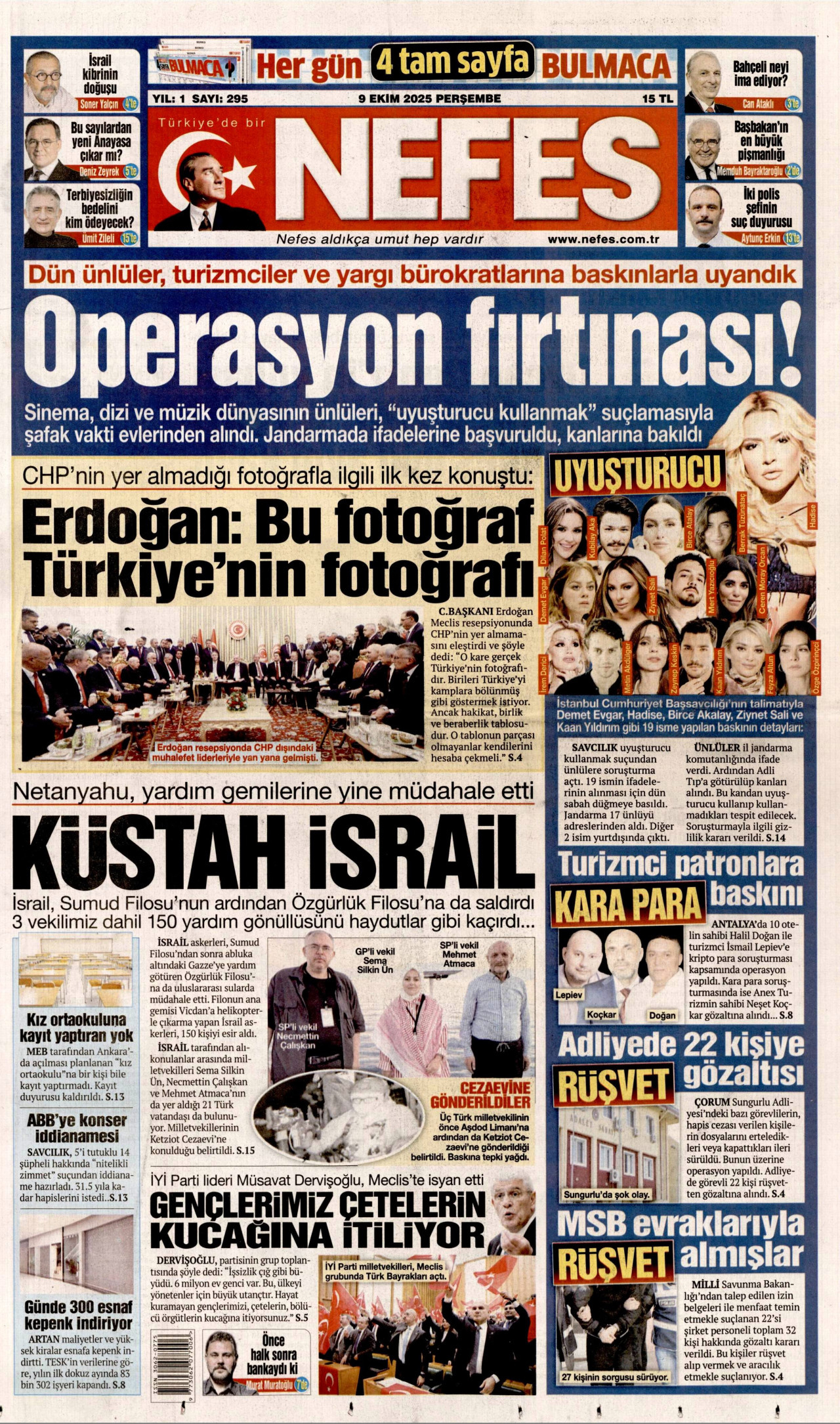 NEFES gazetesinin 9 Ekim 2025 tarihli birinci sayfası