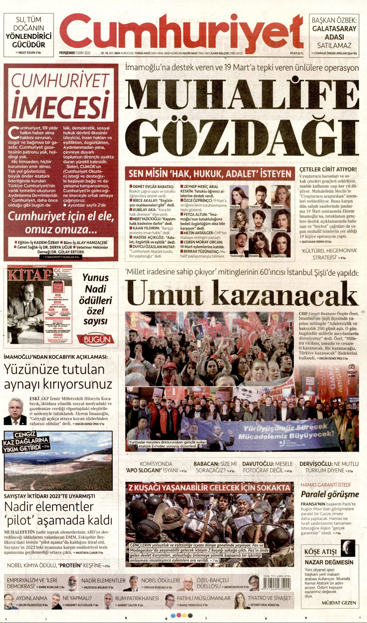 CUMHURİYET gazetesinin 9 Ekim 2025 tarihli birinci sayfası