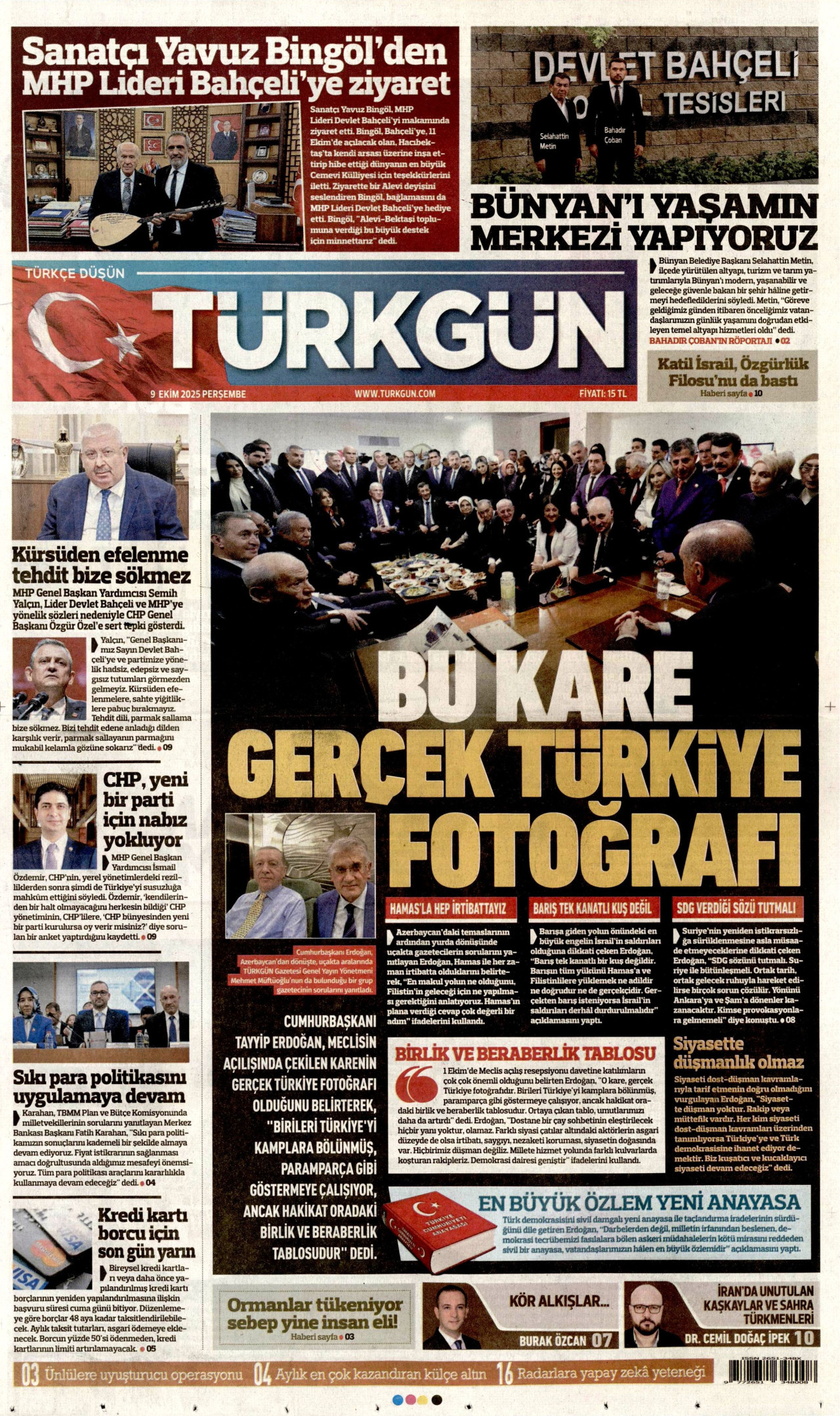 TÜRKGÜN gazetesinin 9 Ekim 2025 tarihli birinci sayfası