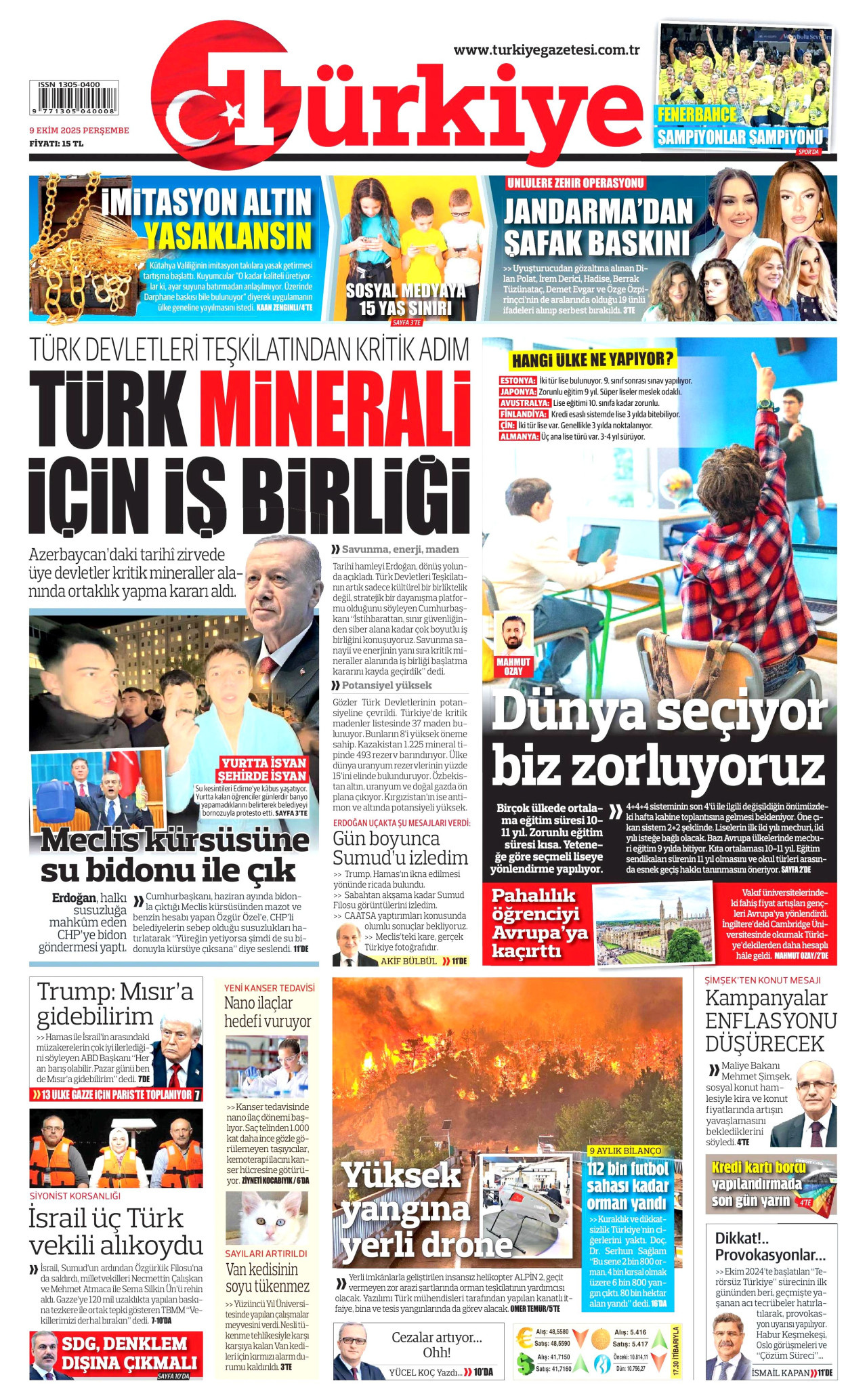 TÜRKİYE GAZETESİ gazetesinin 9 Ekim 2025 tarihli birinci sayfası
