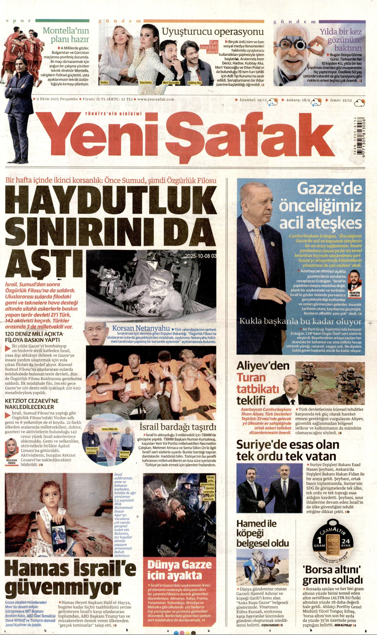 YENİ ŞAFAK gazetesinin 9 Ekim 2025 tarihli birinci sayfası