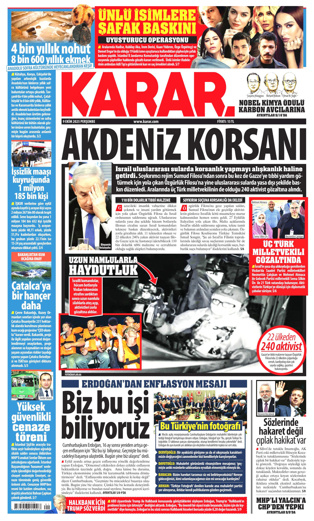 KARAR gazetesinin 9 Ekim 2025 tarihli birinci sayfası