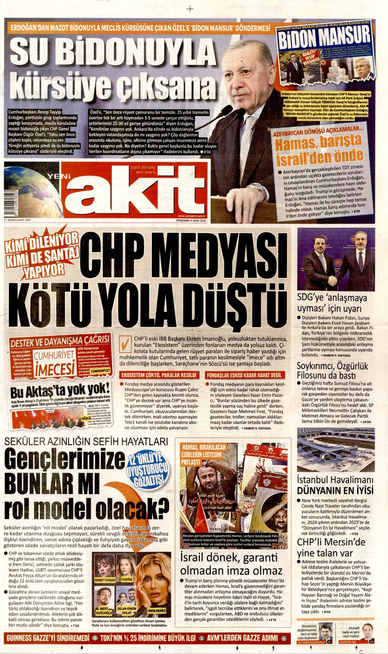 YENİ AKİT gazetesinin 9 Ekim 2025 tarihli birinci sayfası