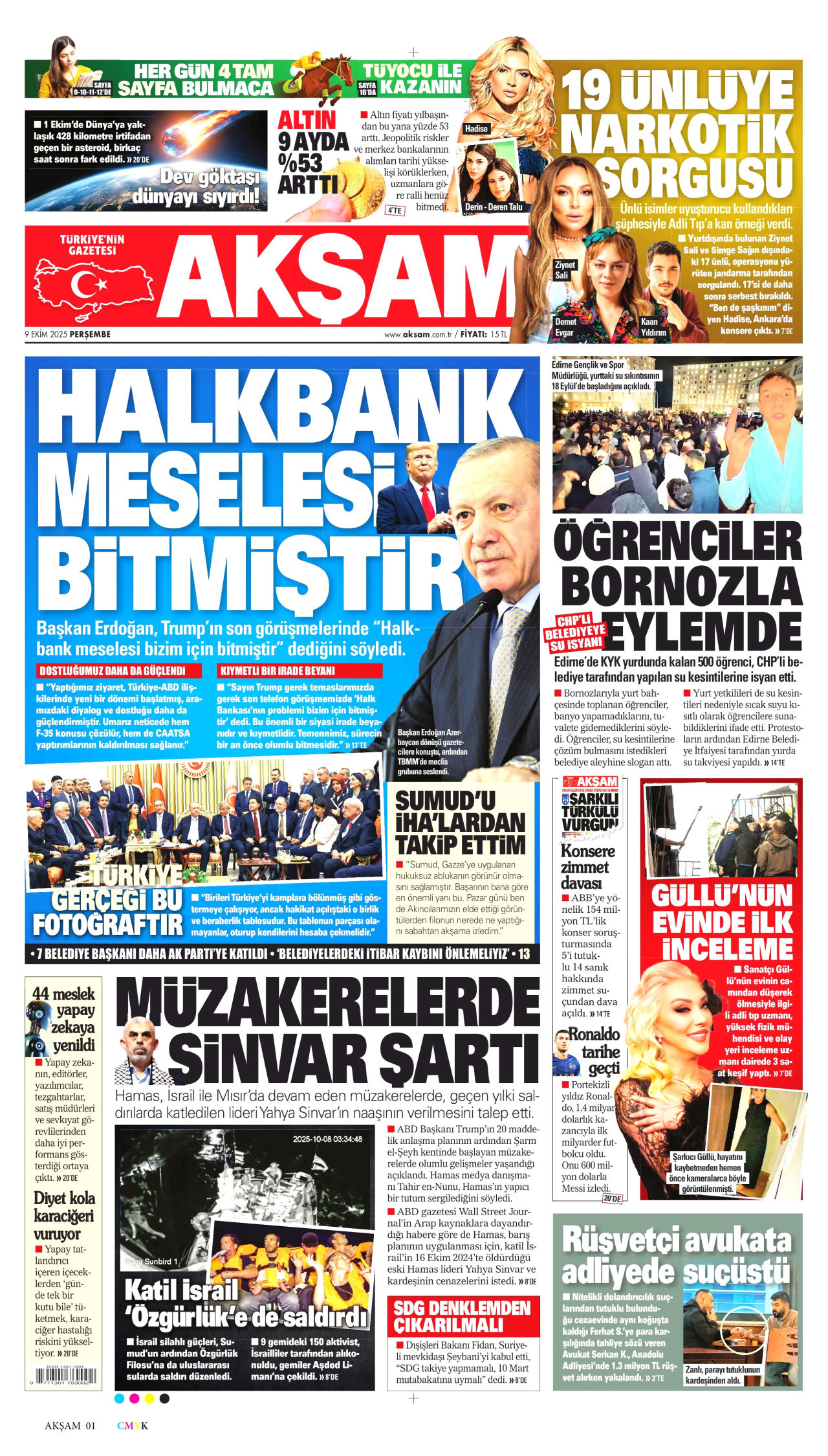 AKŞAM gazetesinin 9 Ekim 2025 tarihli birinci sayfası