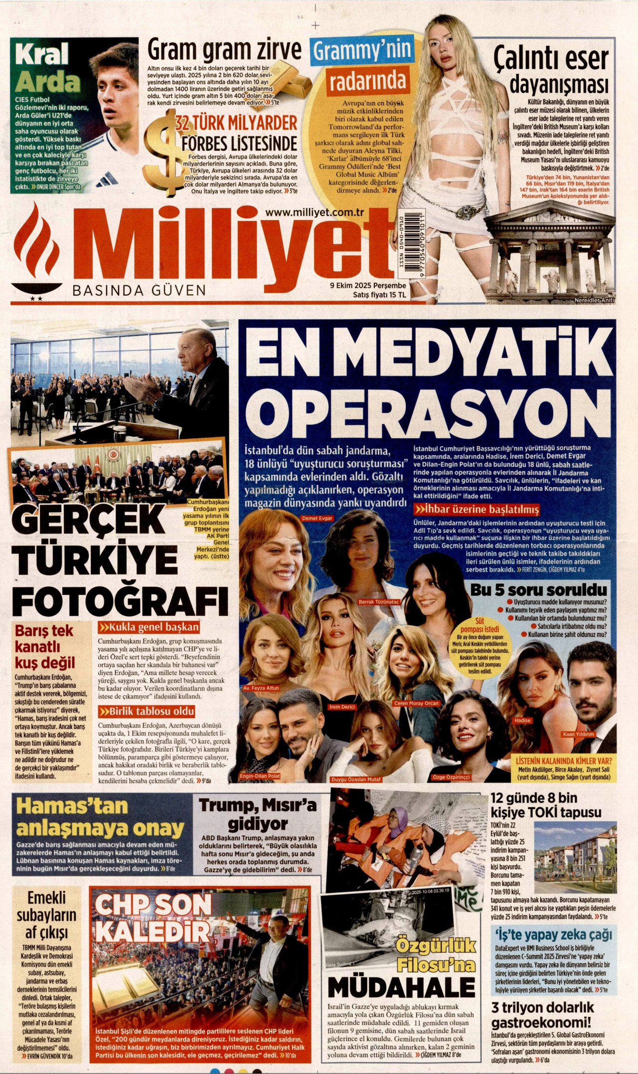 MİLLİYET gazetesinin 9 Ekim 2025 tarihli birinci sayfası