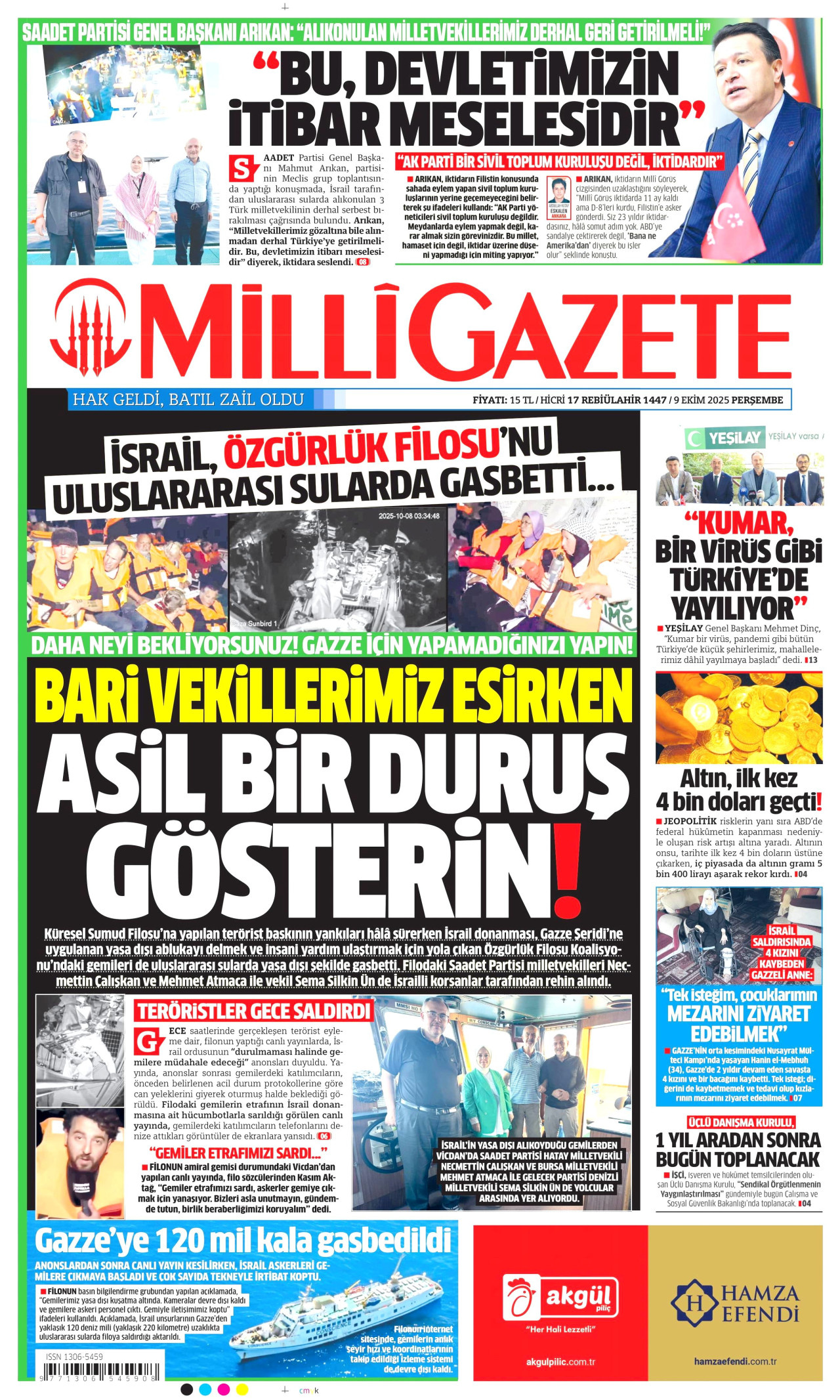 MİLLİ GAZETE gazetesinin 9 Ekim 2025 tarihli birinci sayfası