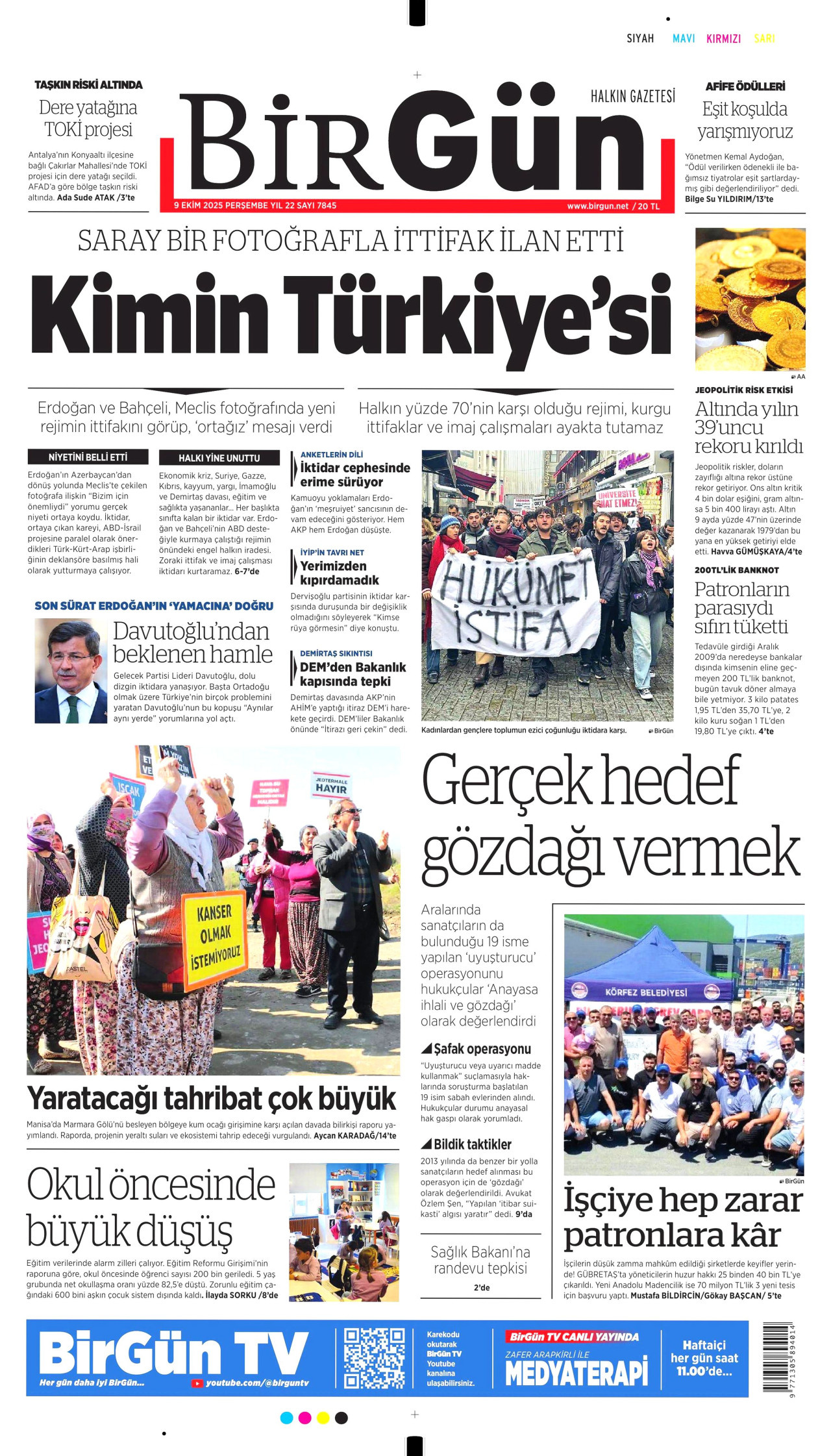 BİRGÜN gazetesinin 9 Ekim 2025 tarihli birinci sayfası