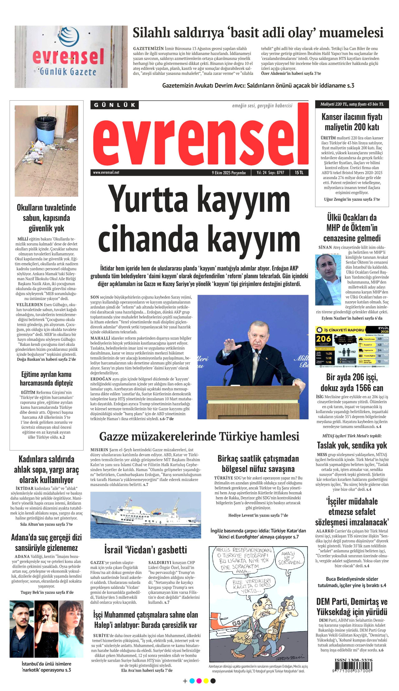 EVRENSEL gazetesinin 9 Ekim 2025 tarihli birinci sayfası