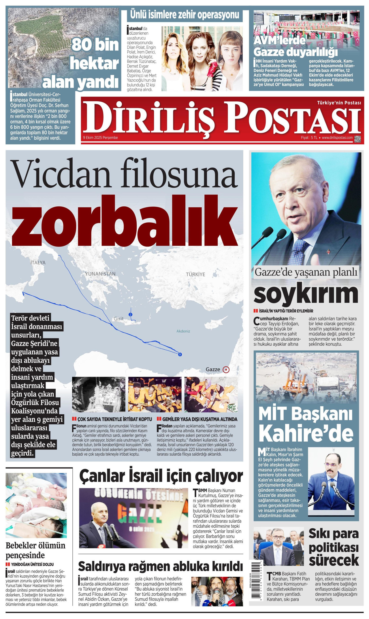 DİRİLİŞ POSTASI gazetesinin 9 Ekim 2025 tarihli birinci sayfası