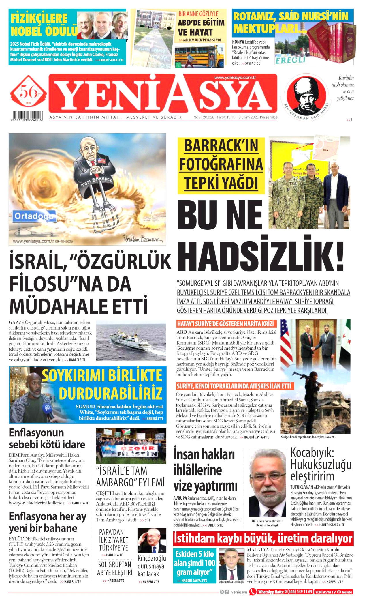 YENİ ASYA gazetesinin 9 Ekim 2025 tarihli birinci sayfası