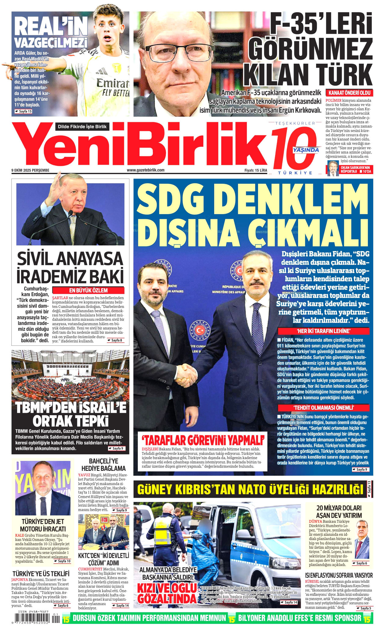 YENİBİRLİK gazetesinin 9 Ekim 2025 tarihli birinci sayfası