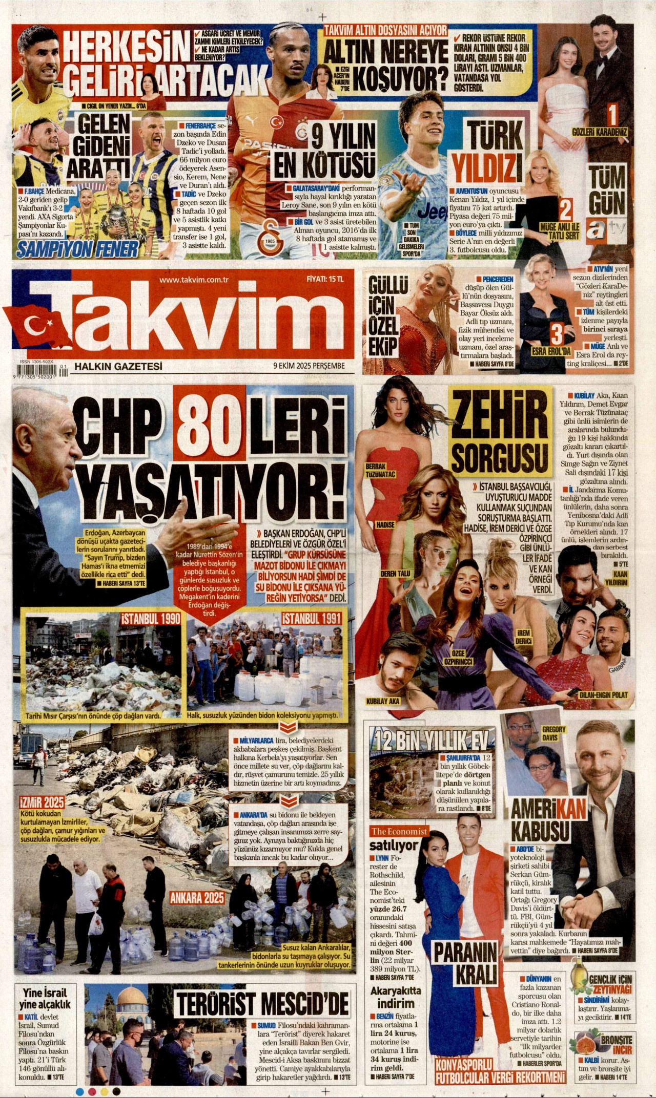TAKVİM gazetesinin 9 Ekim 2025 tarihli birinci sayfası