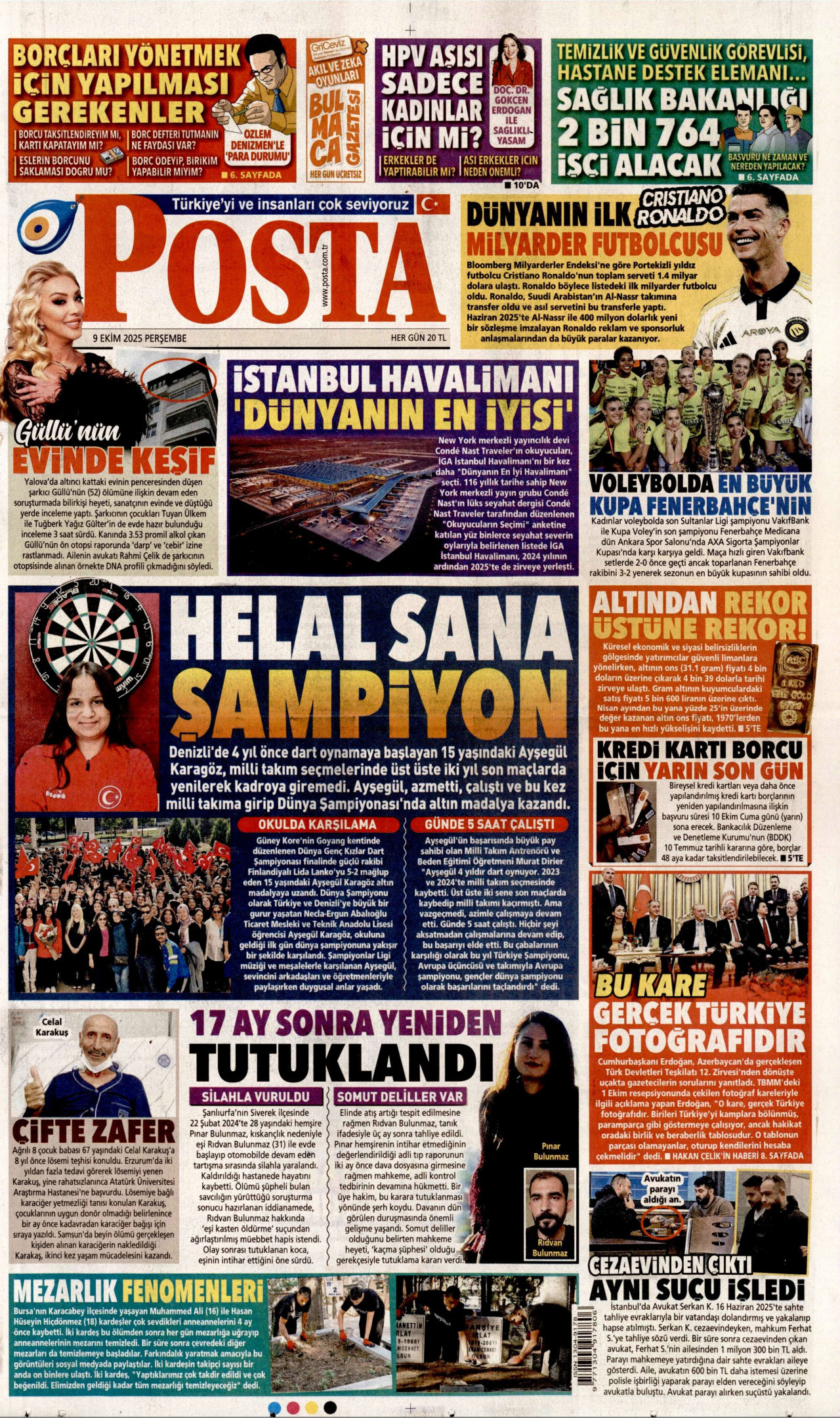 POSTA gazetesinin 9 Ekim 2025 tarihli birinci sayfası