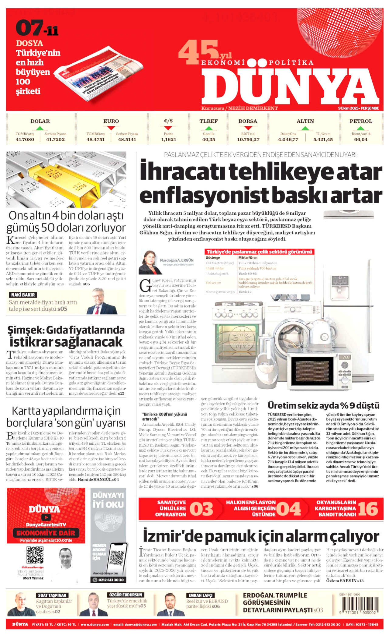 DÜNYA gazetesinin 9 Ekim 2025 tarihli birinci sayfası