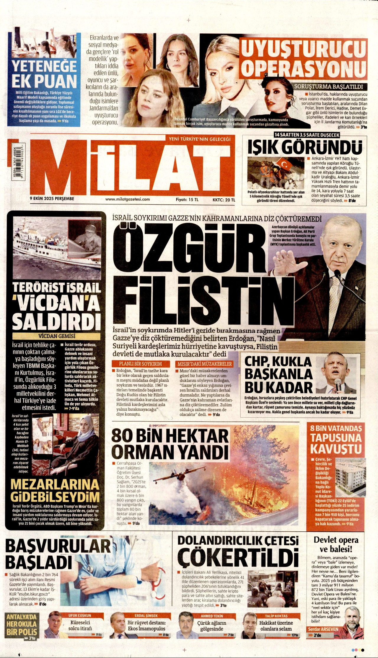 MİLAT gazetesinin 9 Ekim 2025 tarihli birinci sayfası