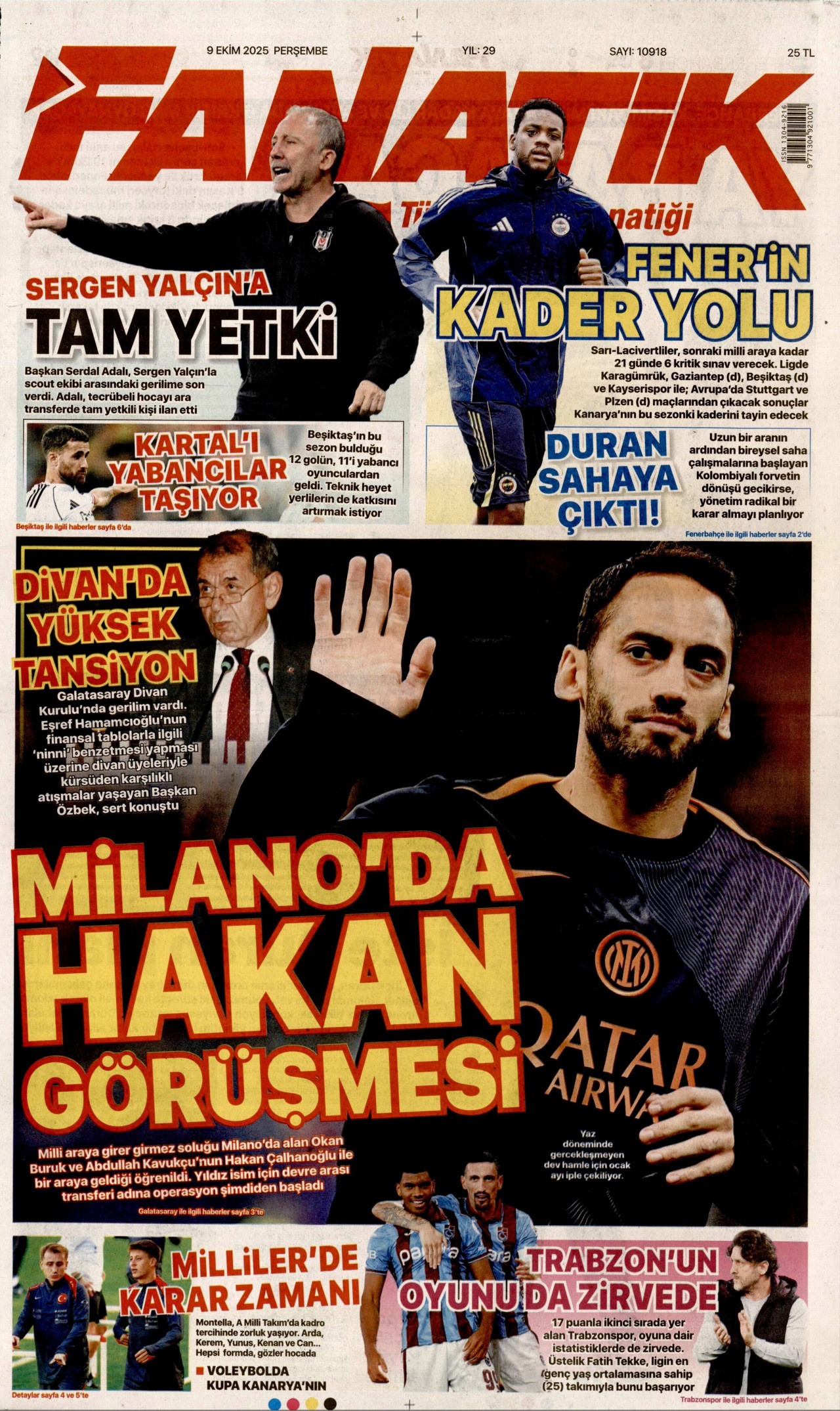 FANATİK gazetesinin 9 Ekim 2025 tarihli birinci sayfası