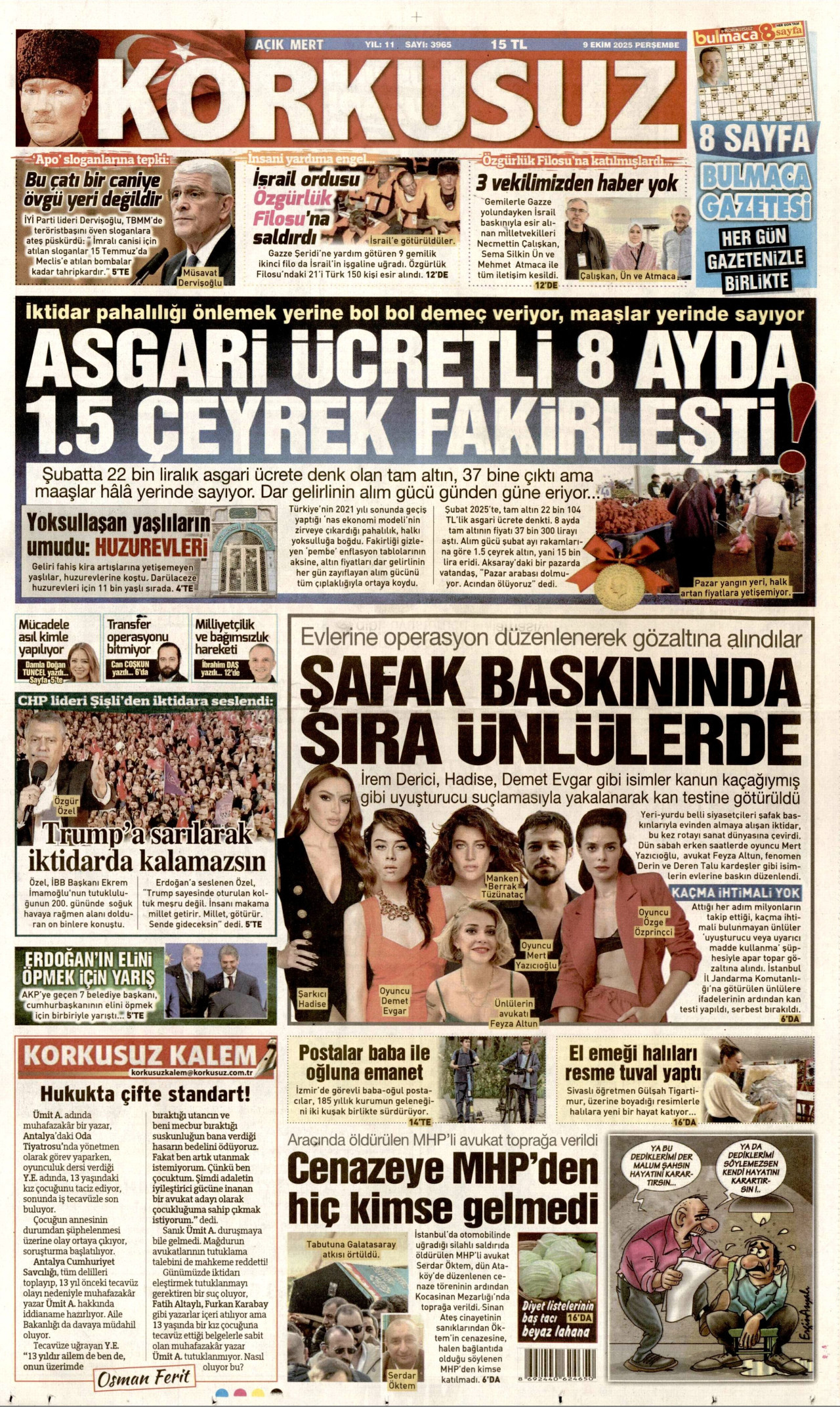KORKUSUZ gazetesinin 9 Ekim 2025 tarihli birinci sayfası