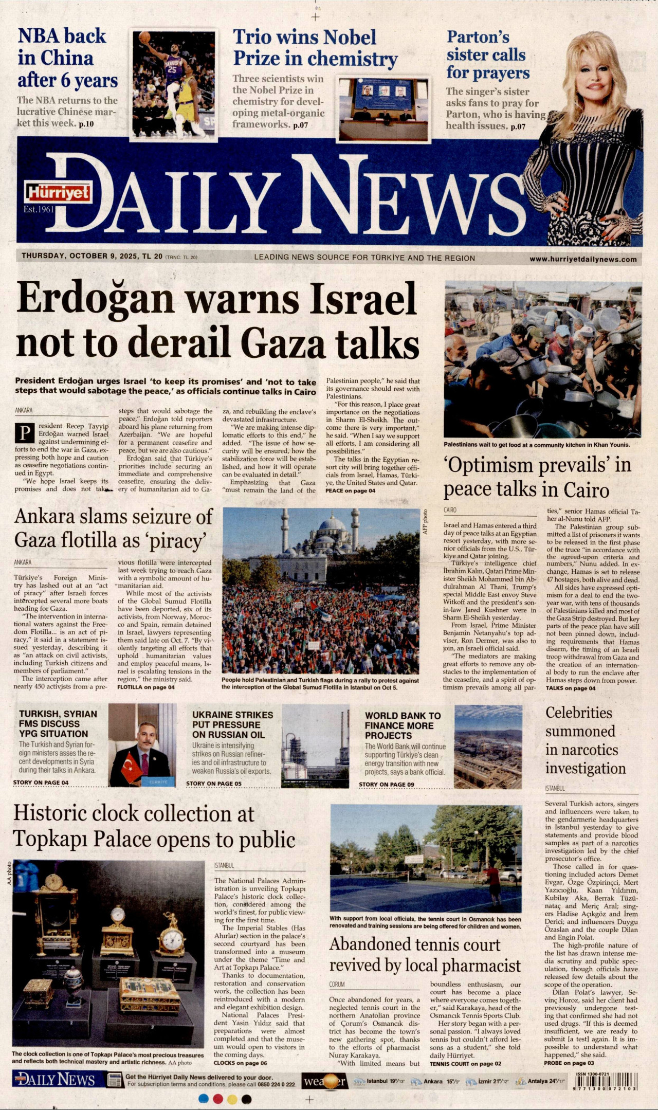 HÜRRİYET DAİLY NEWS gazetesinin 9 Ekim 2025 tarihli birinci sayfası