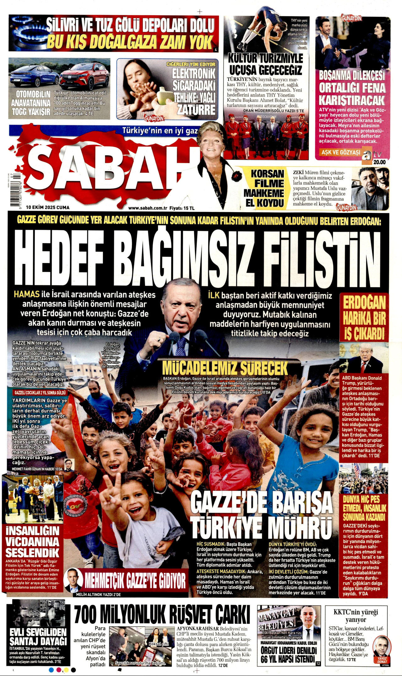 SABAH gazetesinin 10 Ekim 2025 tarihli birinci sayfası