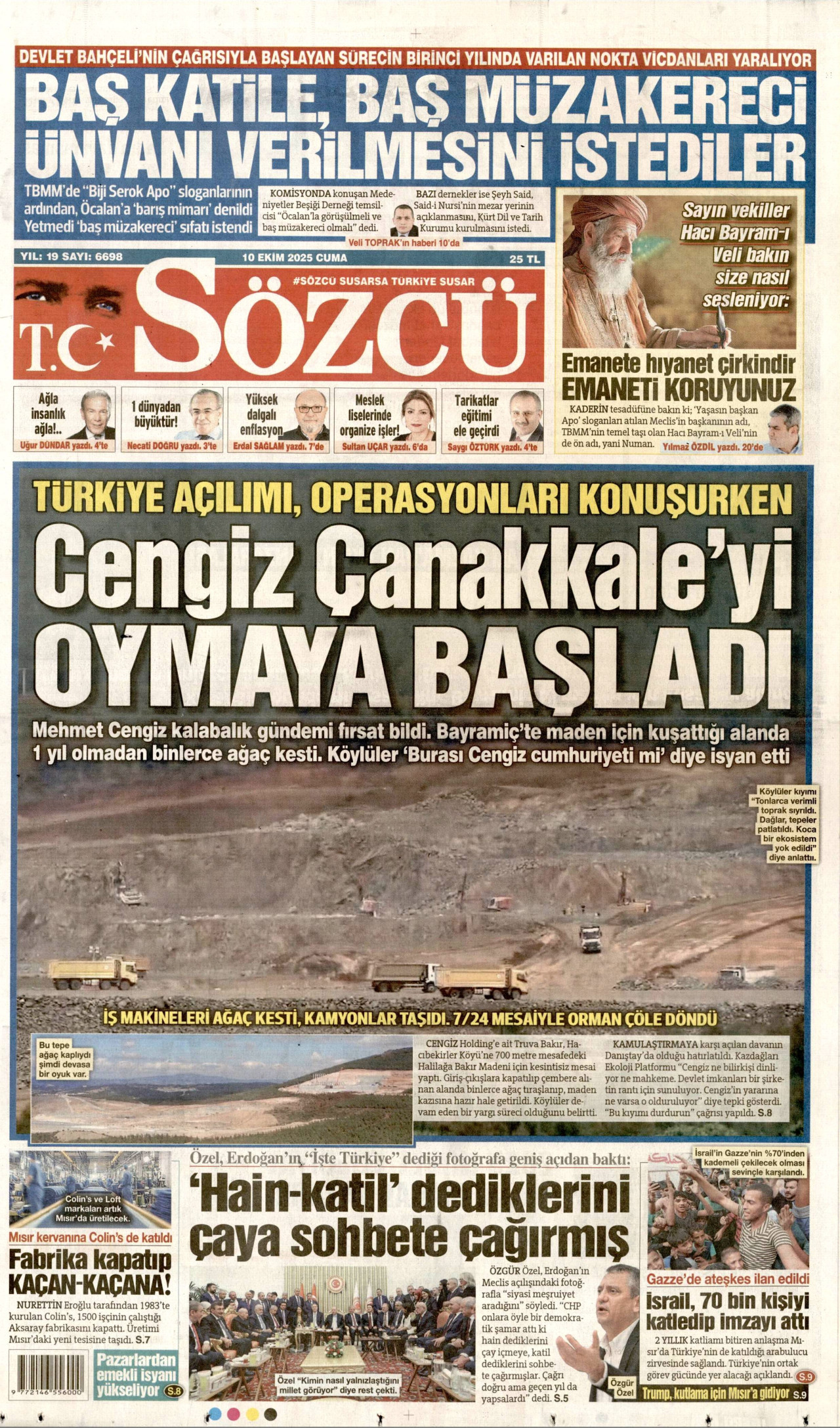SÖZCÜ gazetesinin 10 Ekim 2025 tarihli birinci sayfası