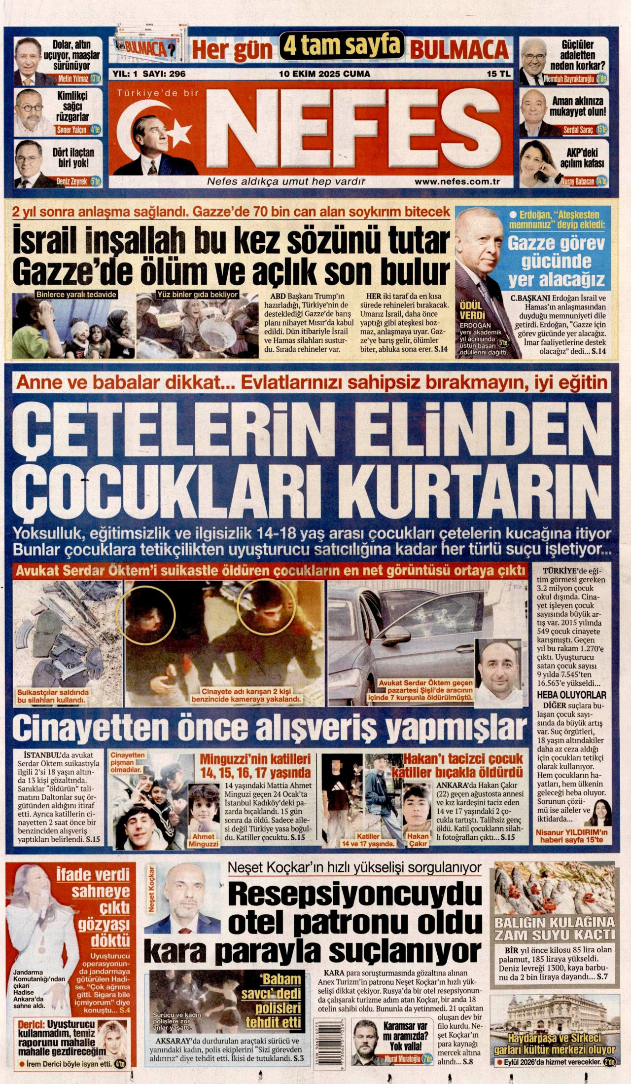 NEFES gazetesinin 10 Ekim 2025 tarihli birinci sayfası