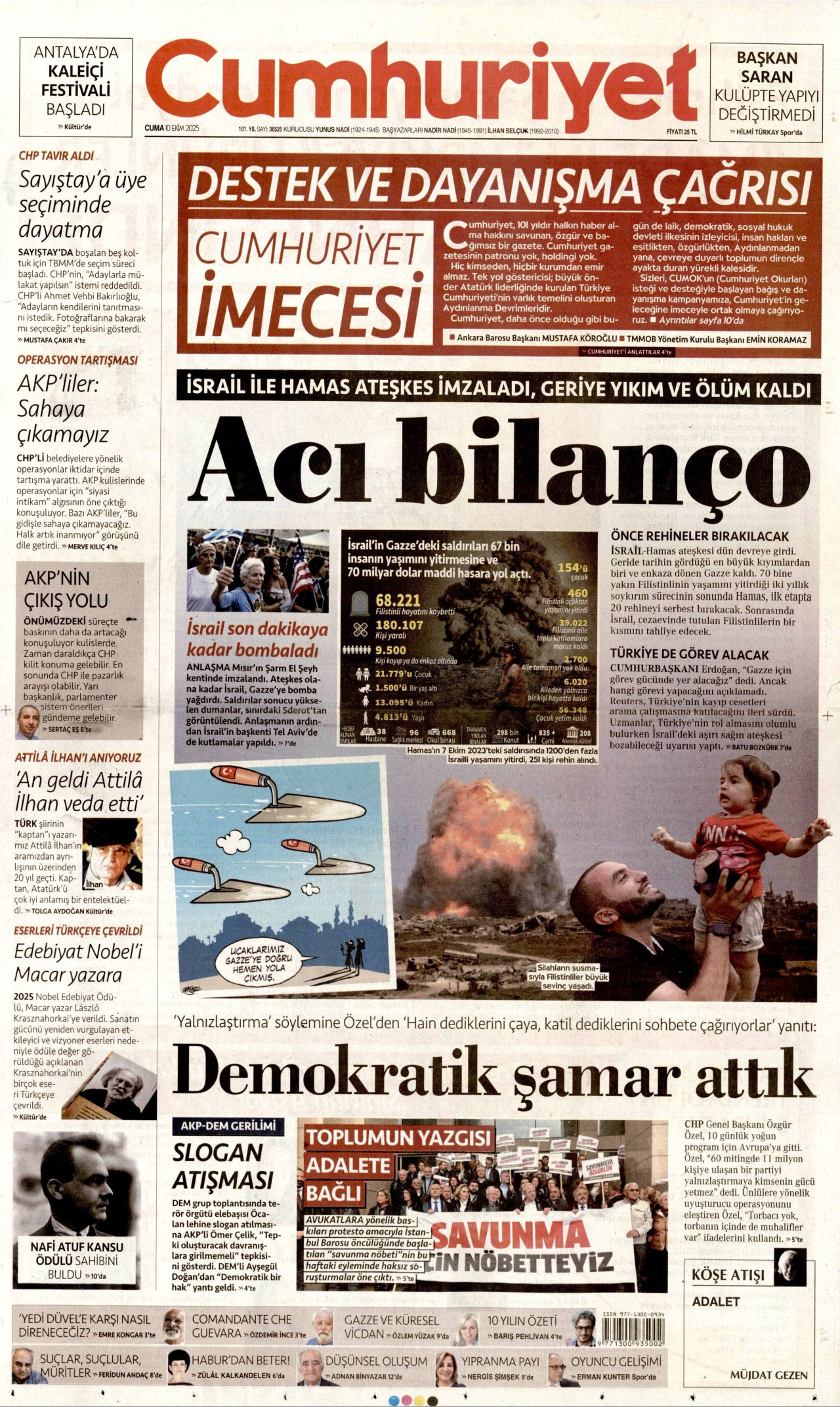 CUMHURİYET gazetesinin 10 Ekim 2025 tarihli birinci sayfası