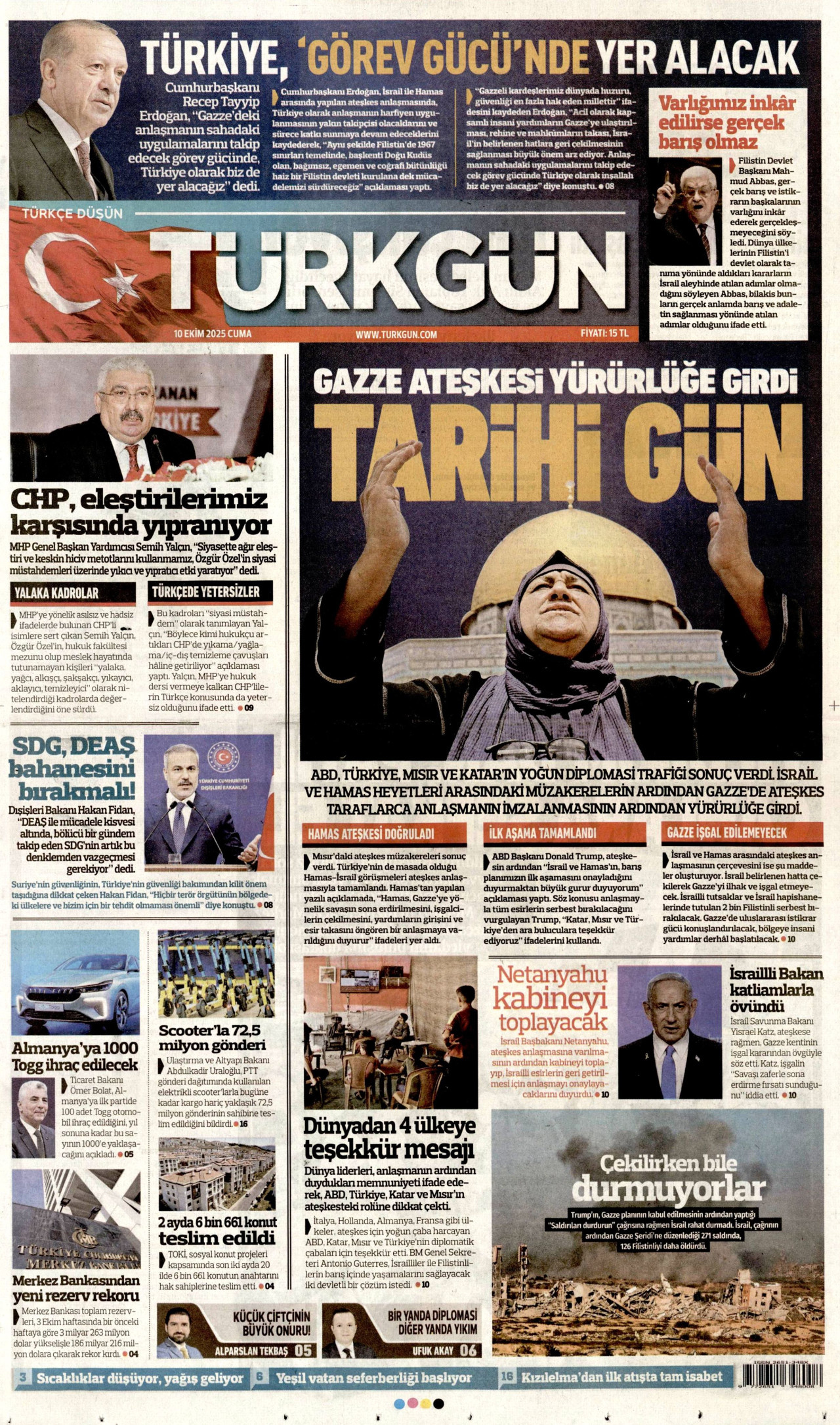 TÜRKGÜN gazetesinin 10 Ekim 2025 tarihli birinci sayfası
