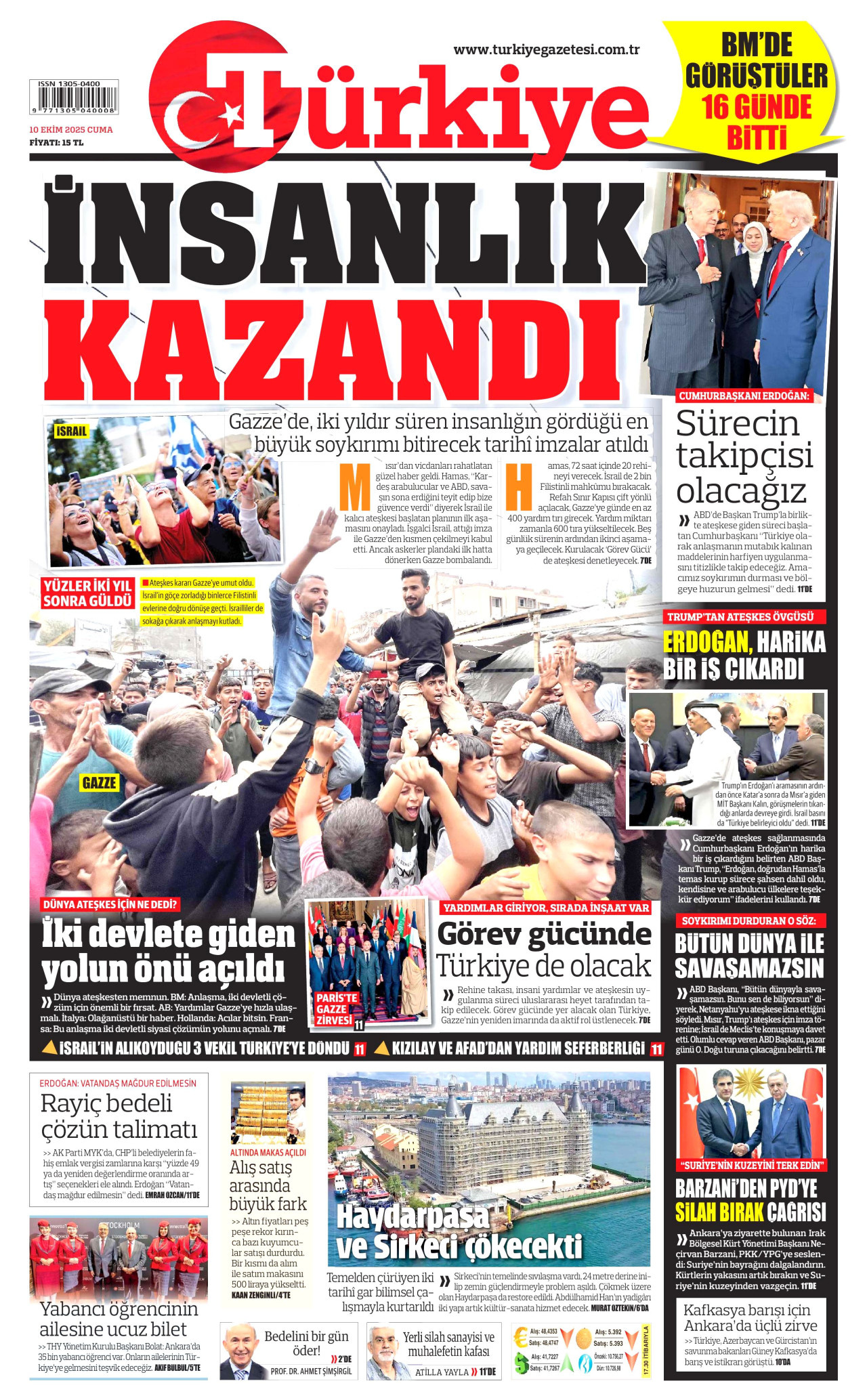 TÜRKİYE GAZETESİ gazetesinin 10 Ekim 2025 tarihli birinci sayfası