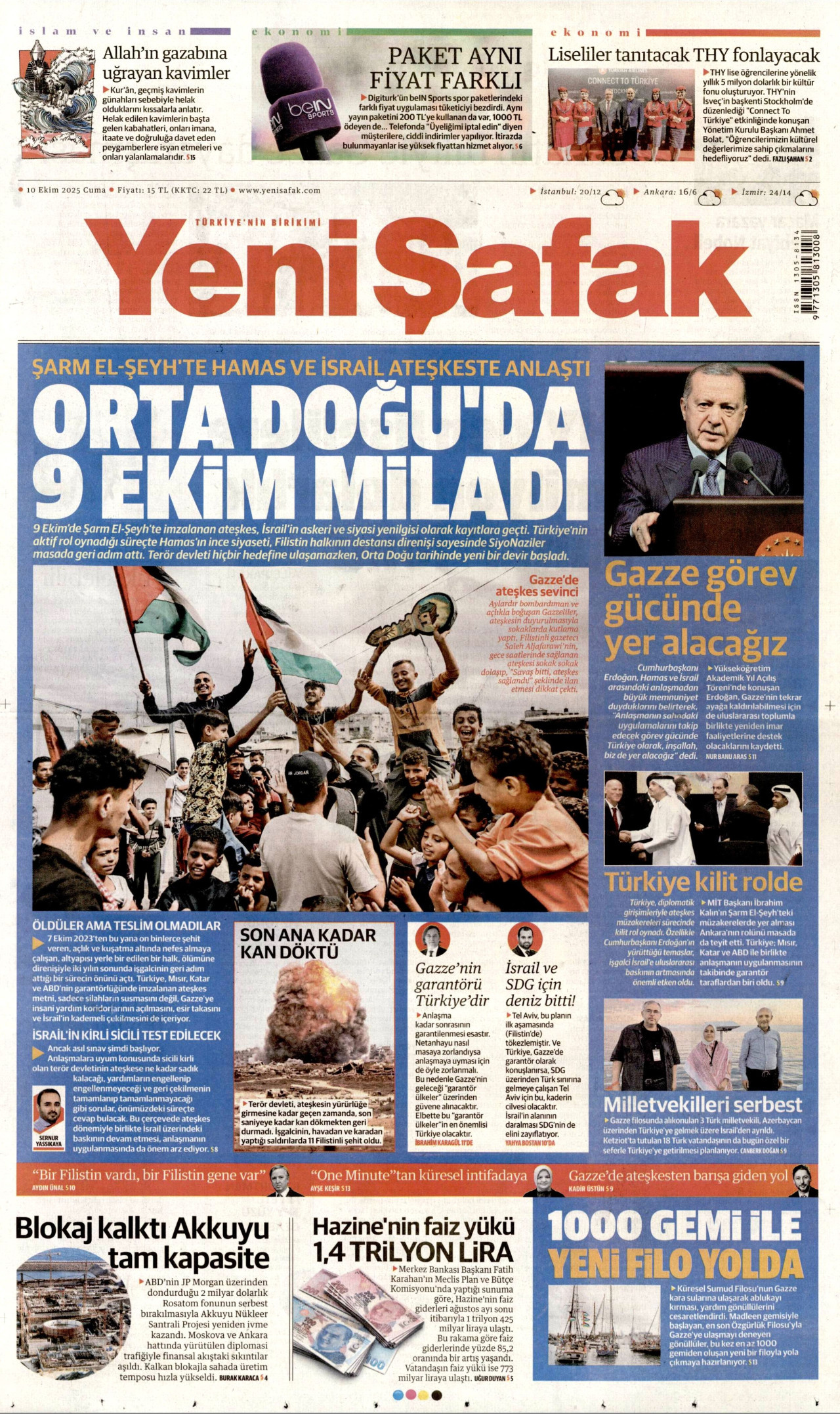YENİ ŞAFAK gazetesinin 10 Ekim 2025 tarihli birinci sayfası