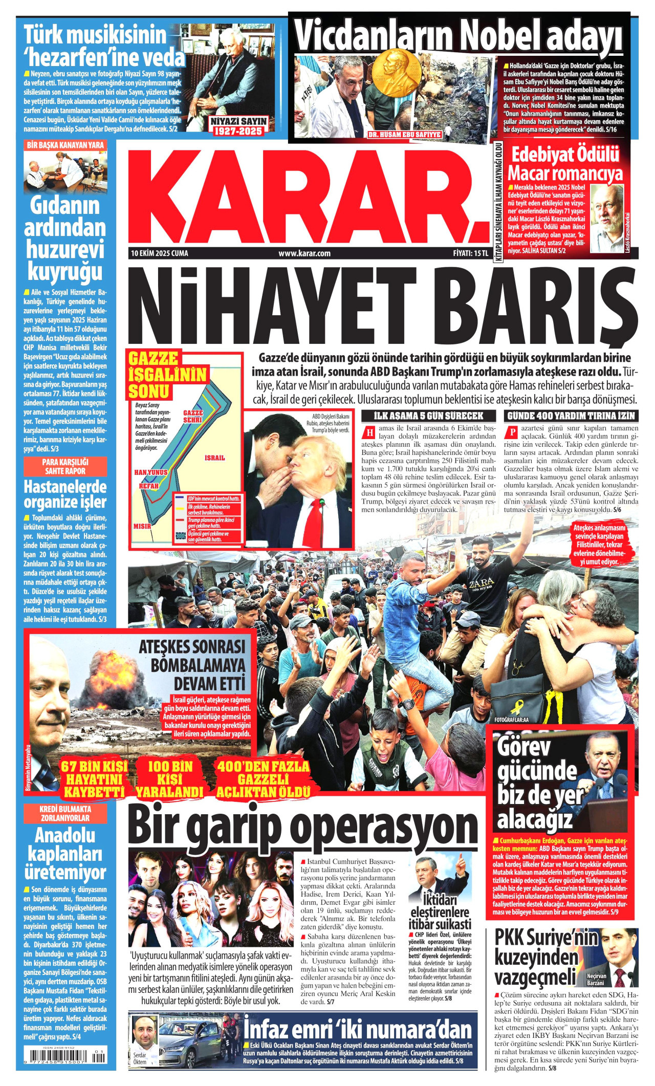 KARAR gazetesinin 10 Ekim 2025 tarihli birinci sayfası