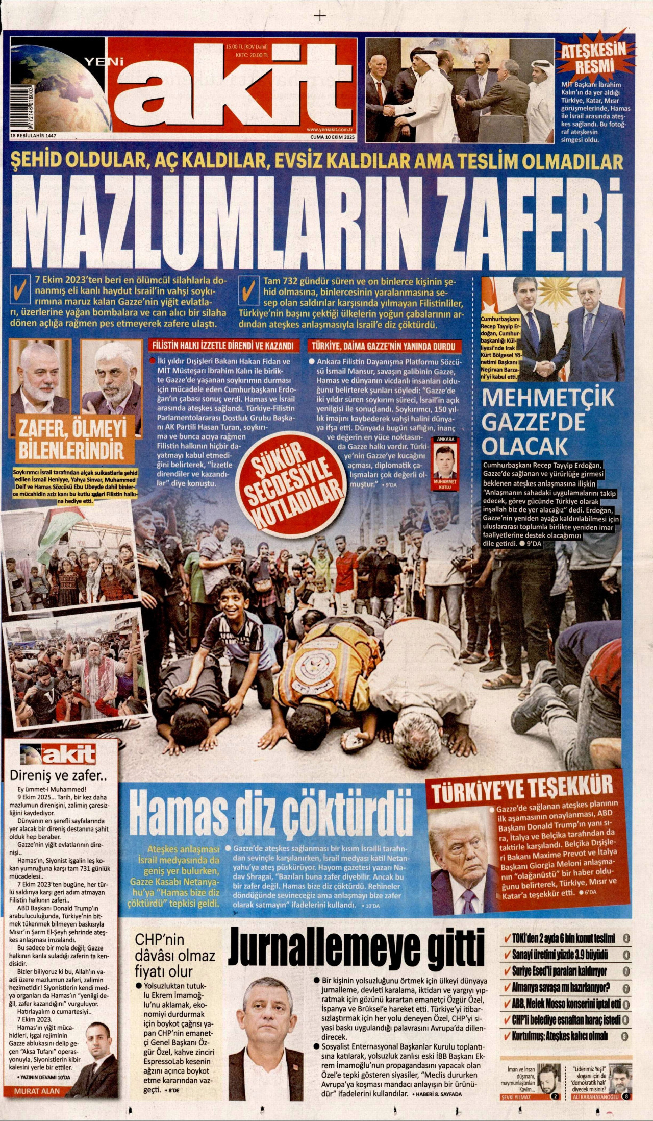 YENİ AKİT gazetesinin 10 Ekim 2025 tarihli birinci sayfası