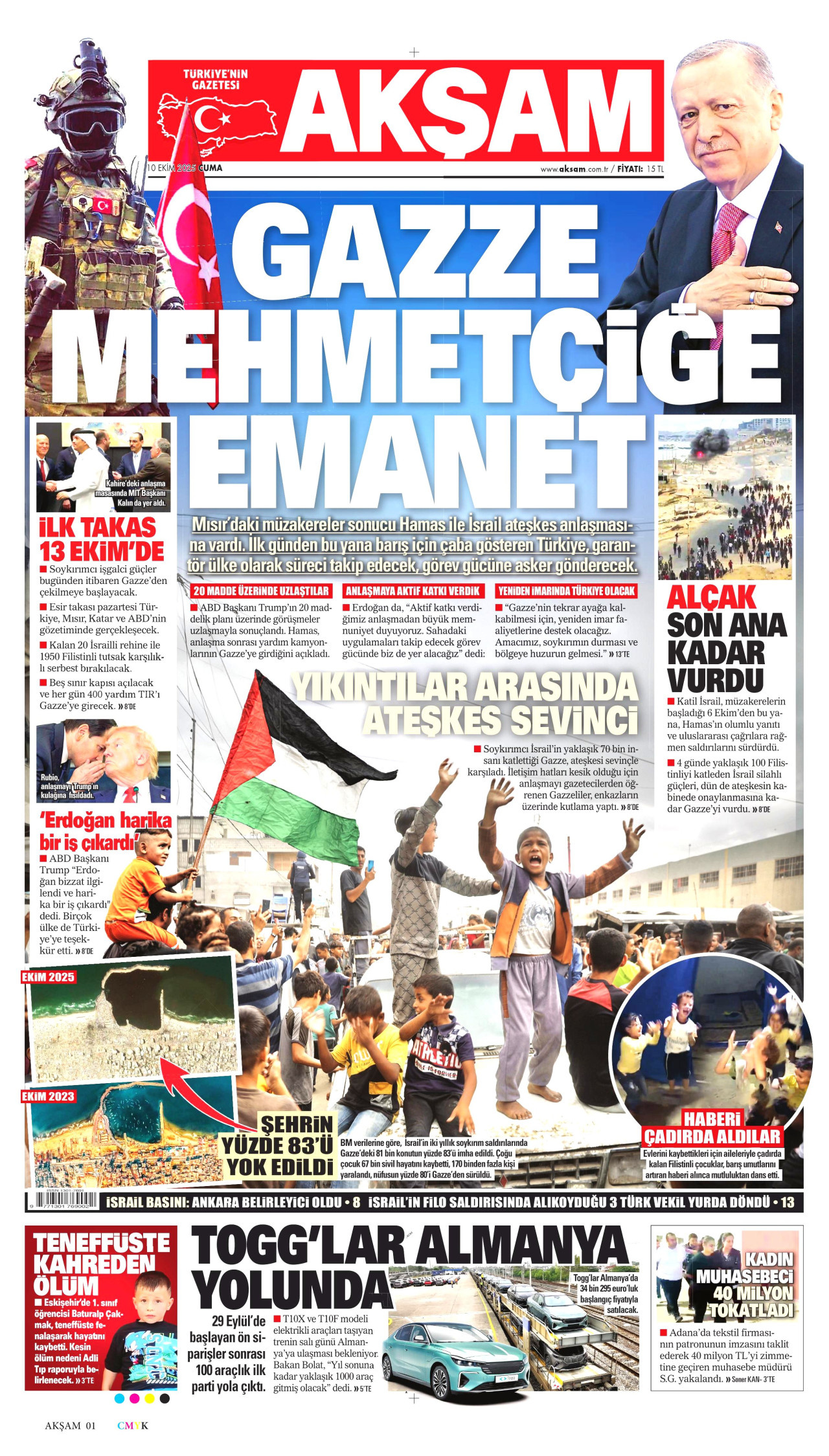 AKŞAM gazetesinin 10 Ekim 2025 tarihli birinci sayfası