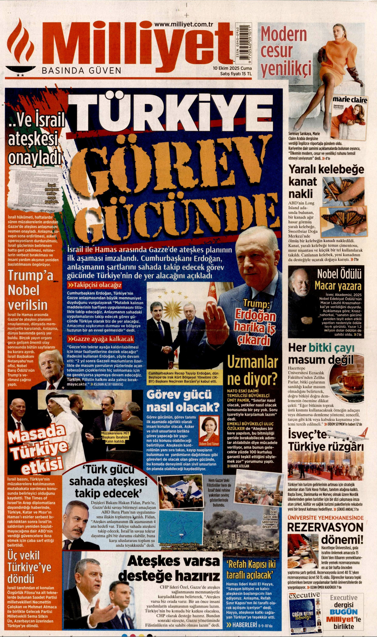 MİLLİYET gazetesinin 10 Ekim 2025 tarihli birinci sayfası