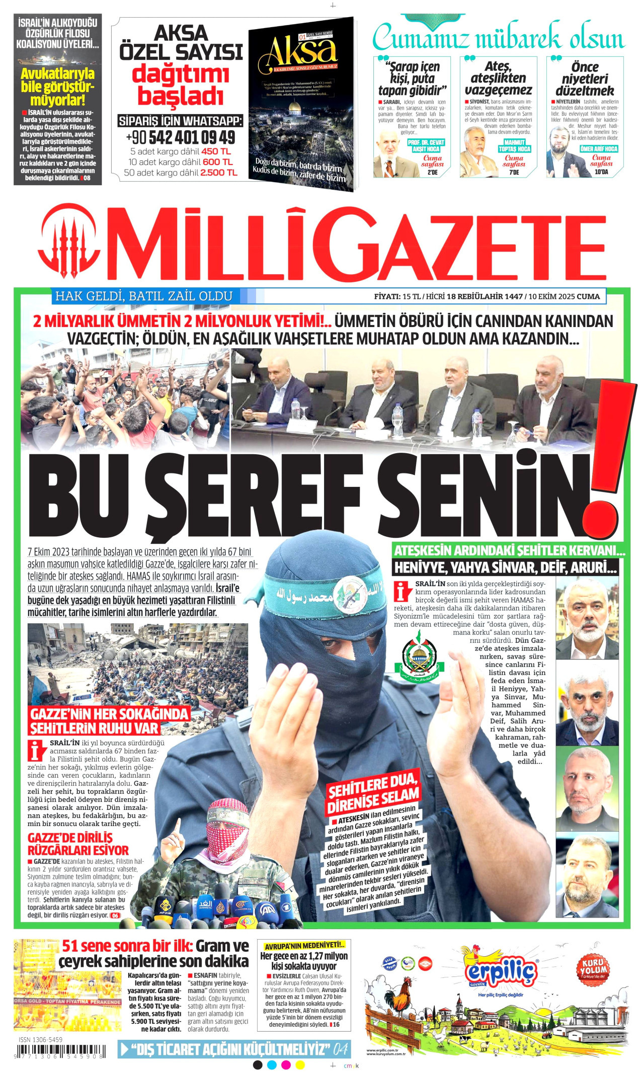 MİLLİ GAZETE gazetesinin 10 Ekim 2025 tarihli birinci sayfası