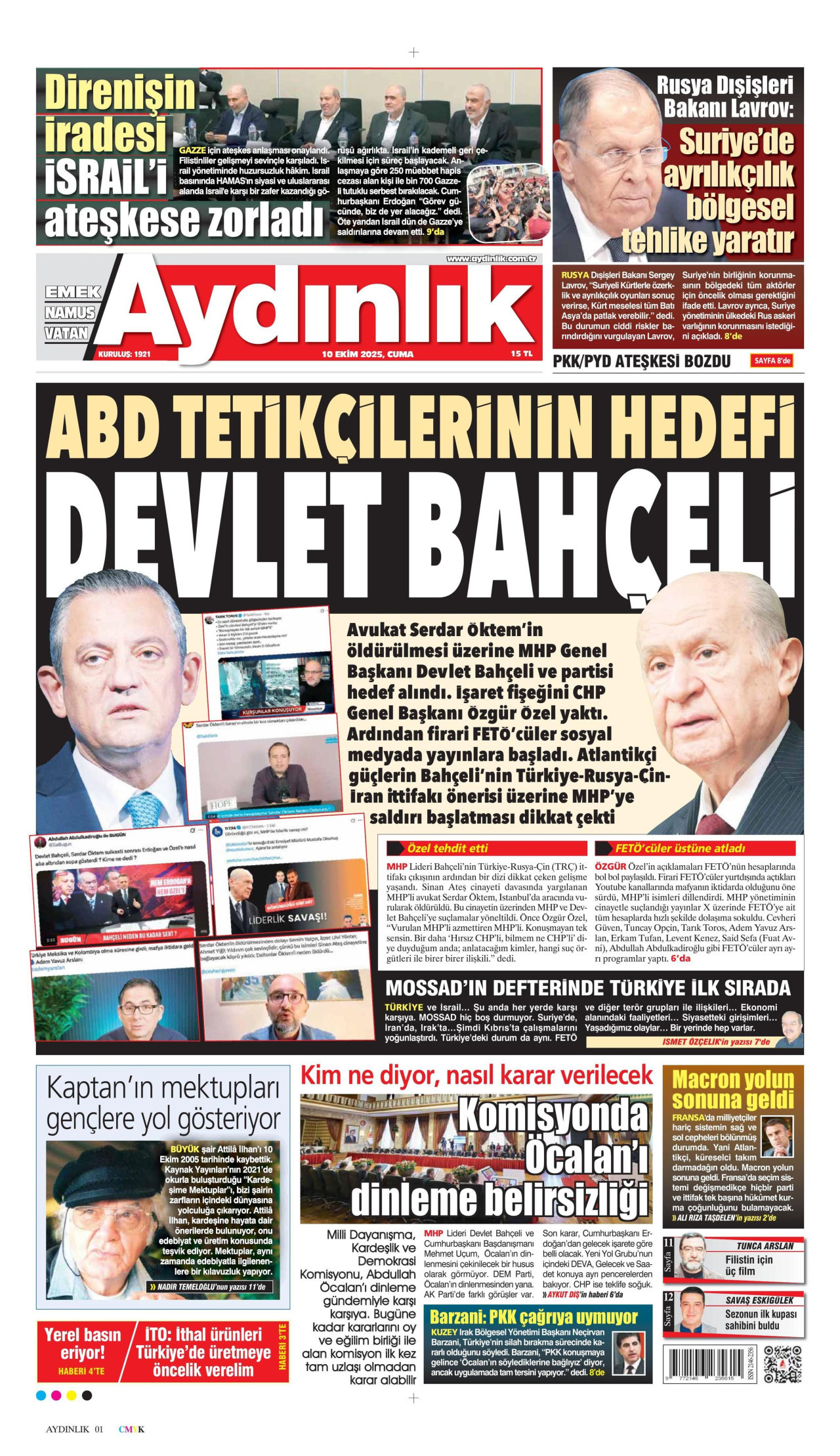 AYDINLIK GAZETESİ gazetesinin 10 Ekim 2025 tarihli birinci sayfası