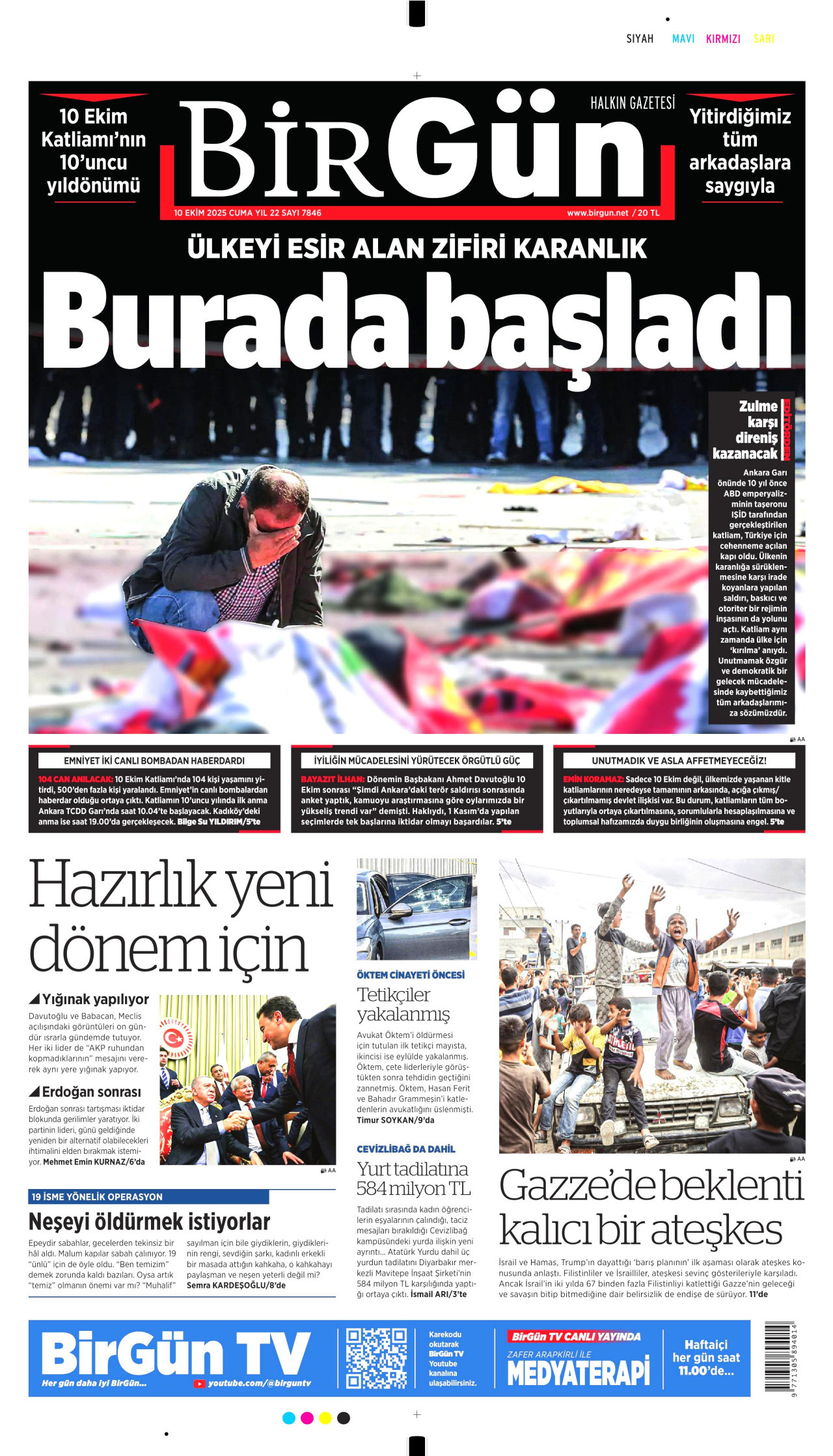 BİRGÜN gazetesinin 10 Ekim 2025 tarihli birinci sayfası