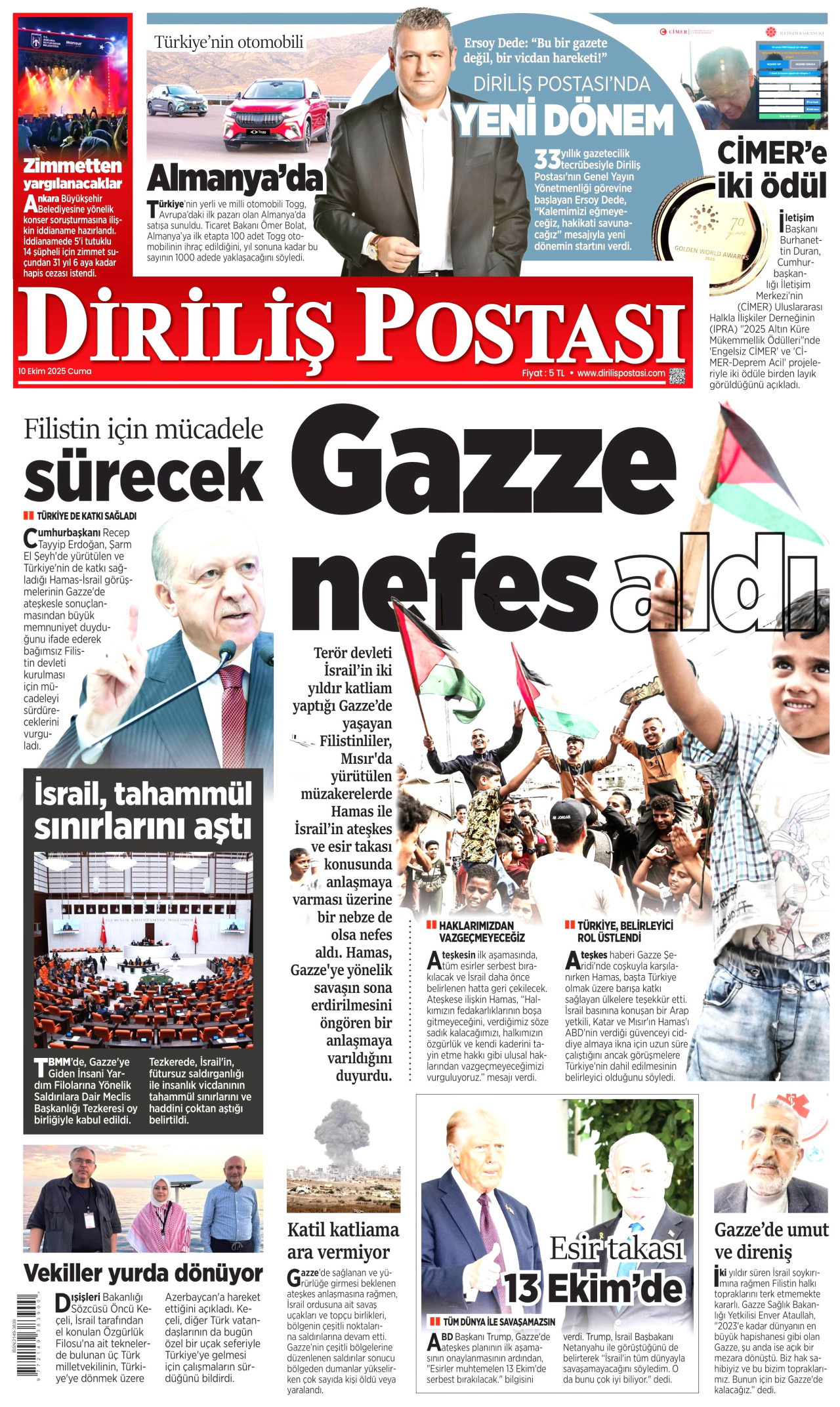 DİRİLİŞ POSTASI gazetesinin 10 Ekim 2025 tarihli birinci sayfası