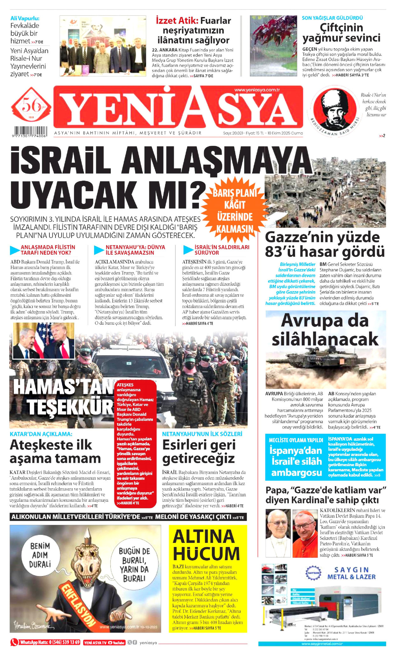 YENİ ASYA gazetesinin 10 Ekim 2025 tarihli birinci sayfası