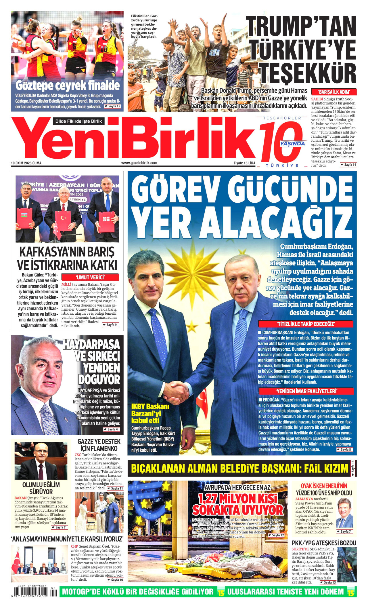 YENİBİRLİK gazetesinin 10 Ekim 2025 tarihli birinci sayfası