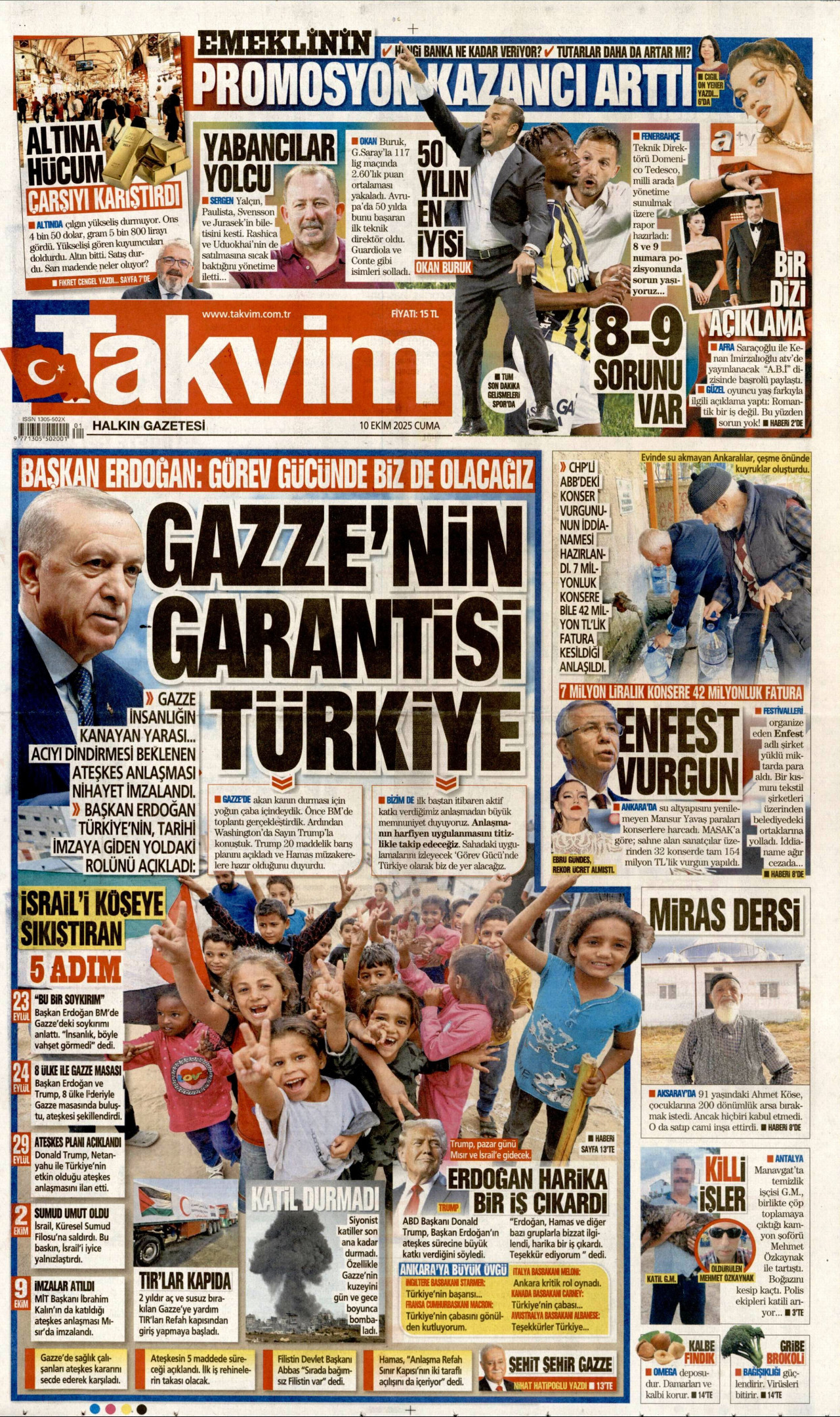 TAKVİM gazetesinin 10 Ekim 2025 tarihli birinci sayfası