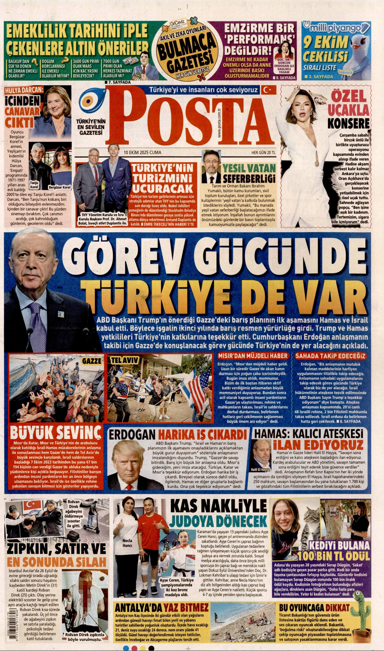 POSTA gazetesinin 10 Ekim 2025 tarihli birinci sayfası