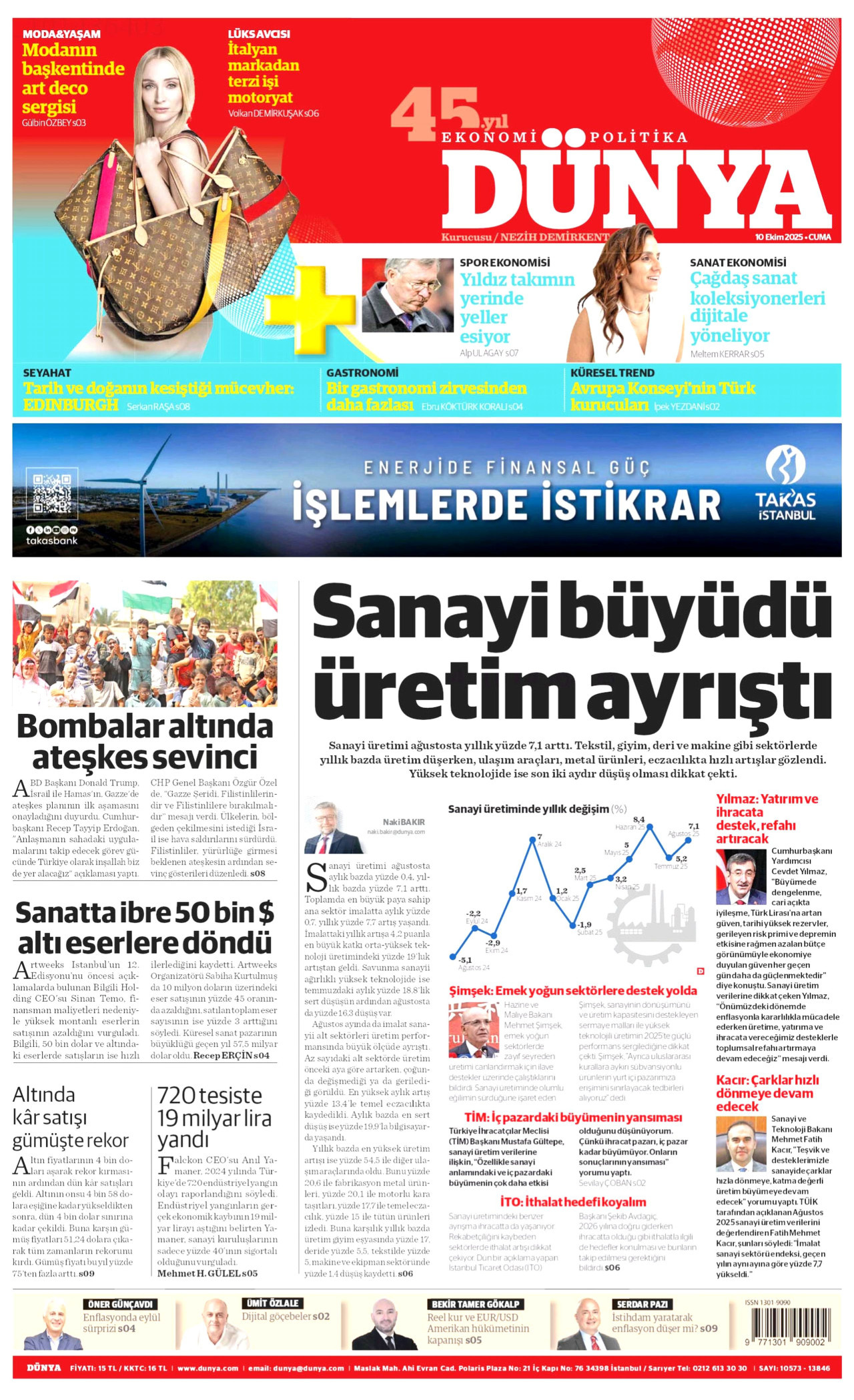 DÜNYA gazetesinin 10 Ekim 2025 tarihli birinci sayfası