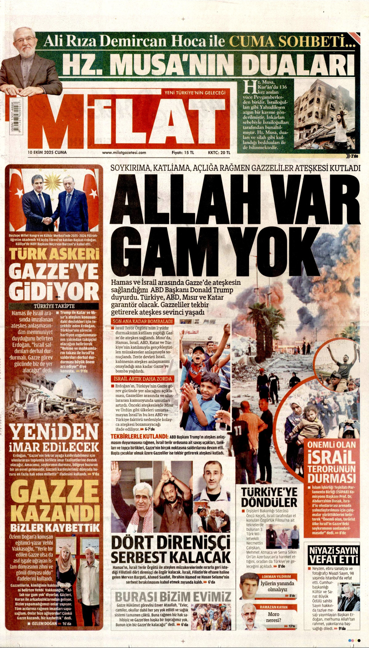 MİLAT gazetesinin 10 Ekim 2025 tarihli birinci sayfası