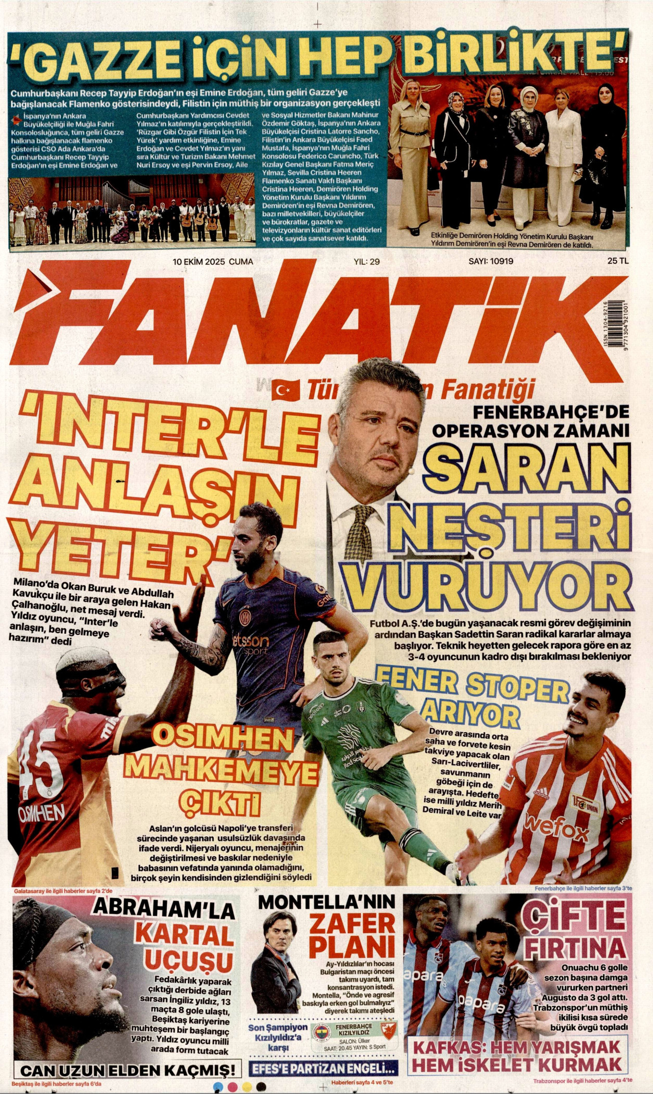 FANATİK gazetesinin 10 Ekim 2025 tarihli birinci sayfası