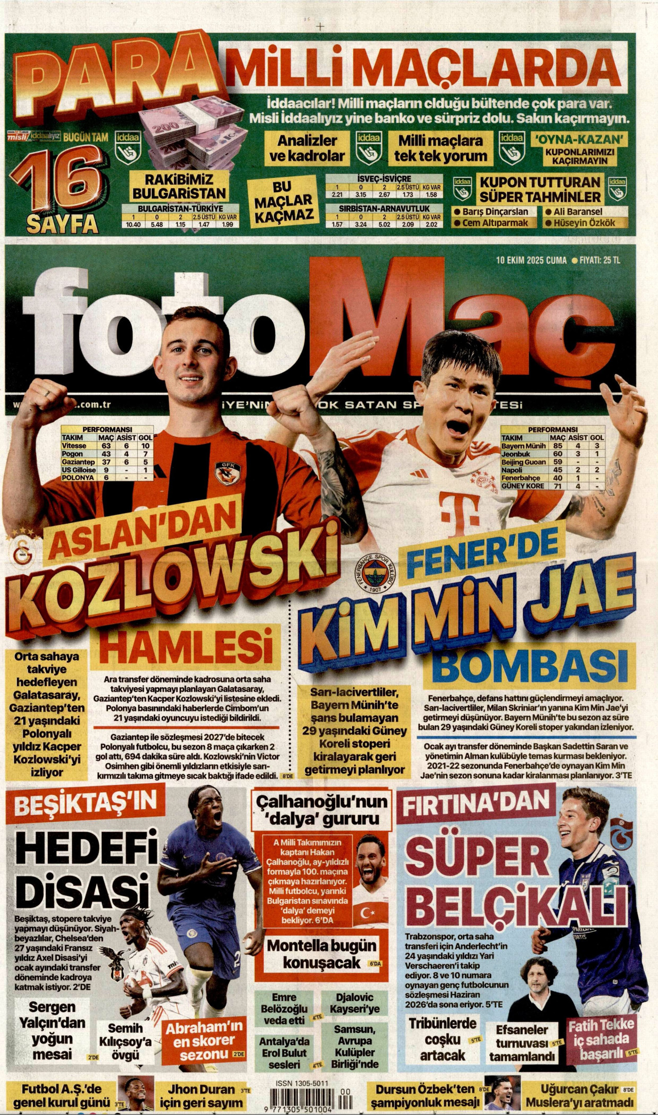 FOTOMAÇ gazetesinin 10 Ekim 2025 tarihli birinci sayfası