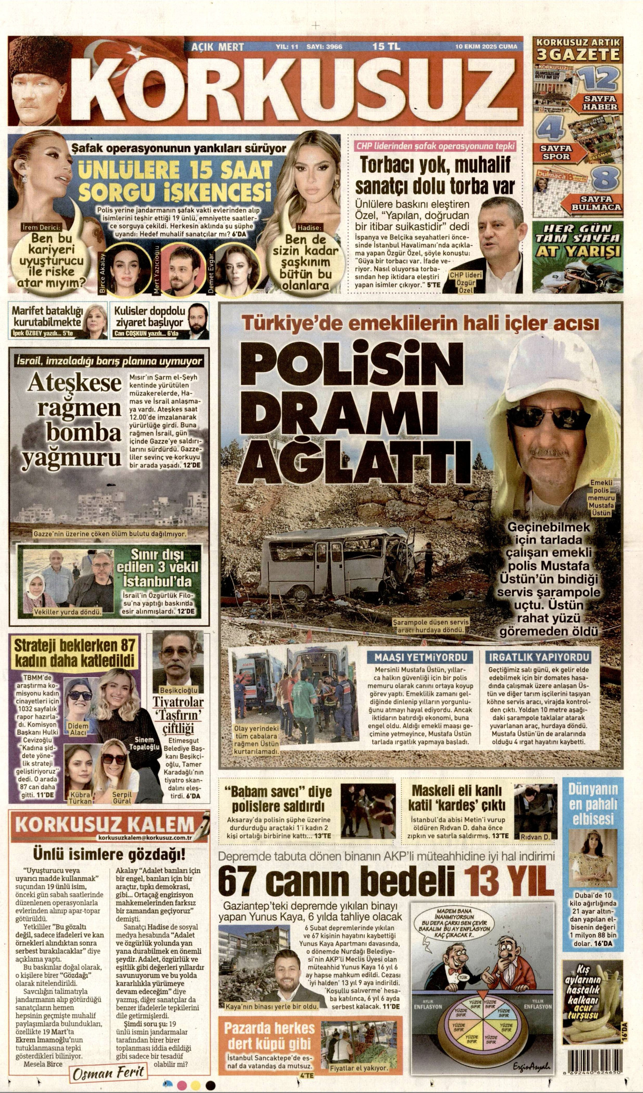 KORKUSUZ gazetesinin 10 Ekim 2025 tarihli birinci sayfası