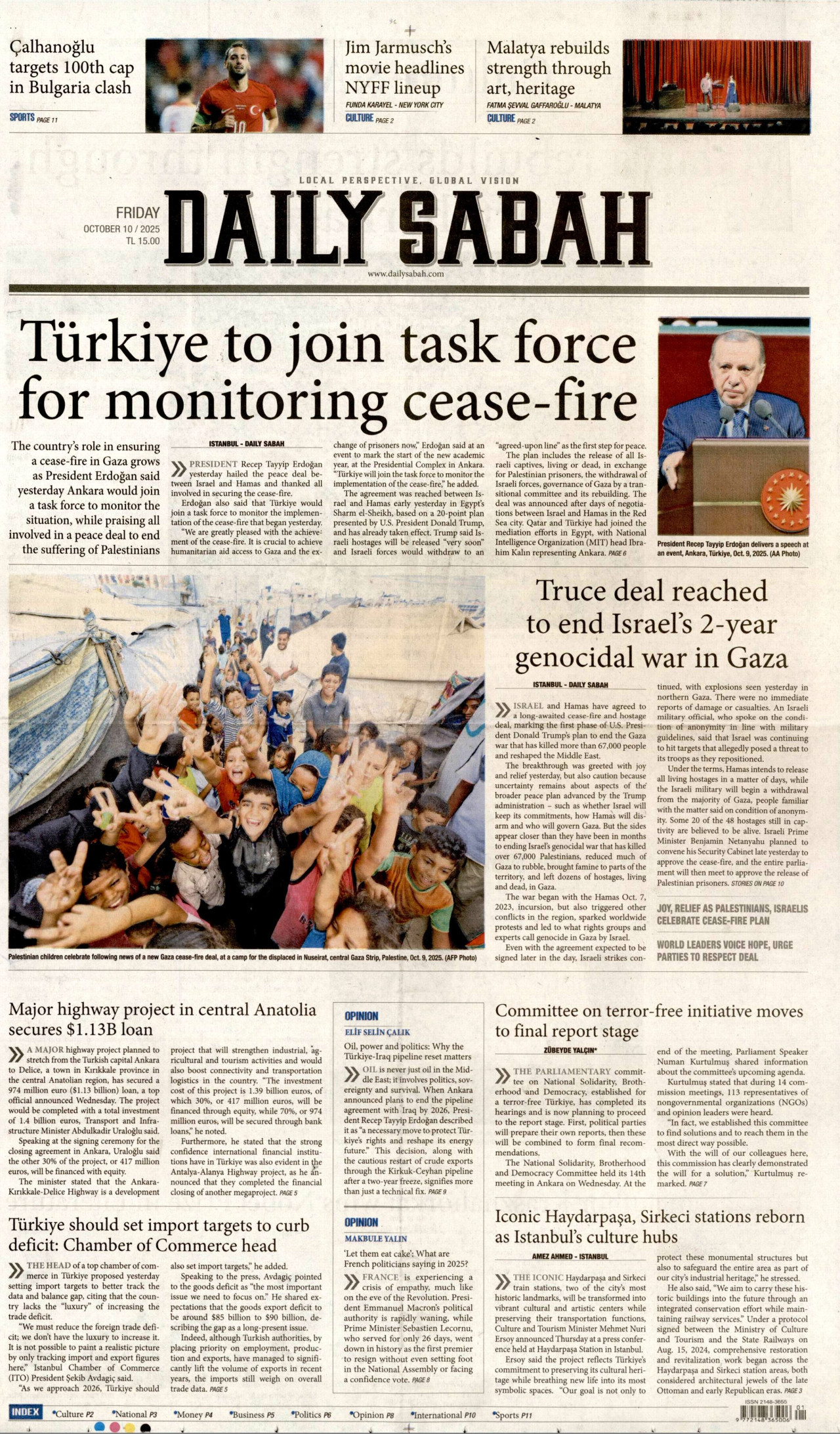 DAİLY SABAH gazetesinin 10 Ekim 2025 tarihli birinci sayfası